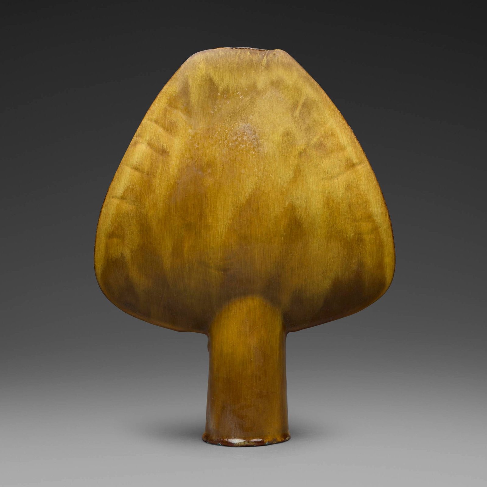 Otto Natzler, Trapezoidal open disk form: Otto Natzler Trapezoidal open disk form 1990 earthenware with Gold Crystalline glaze 13 h x 10 w x 3.25 d in (33 x 25 x 8 cm) Signed and dated to underside 'Otto Natzler 1990' with archive numb