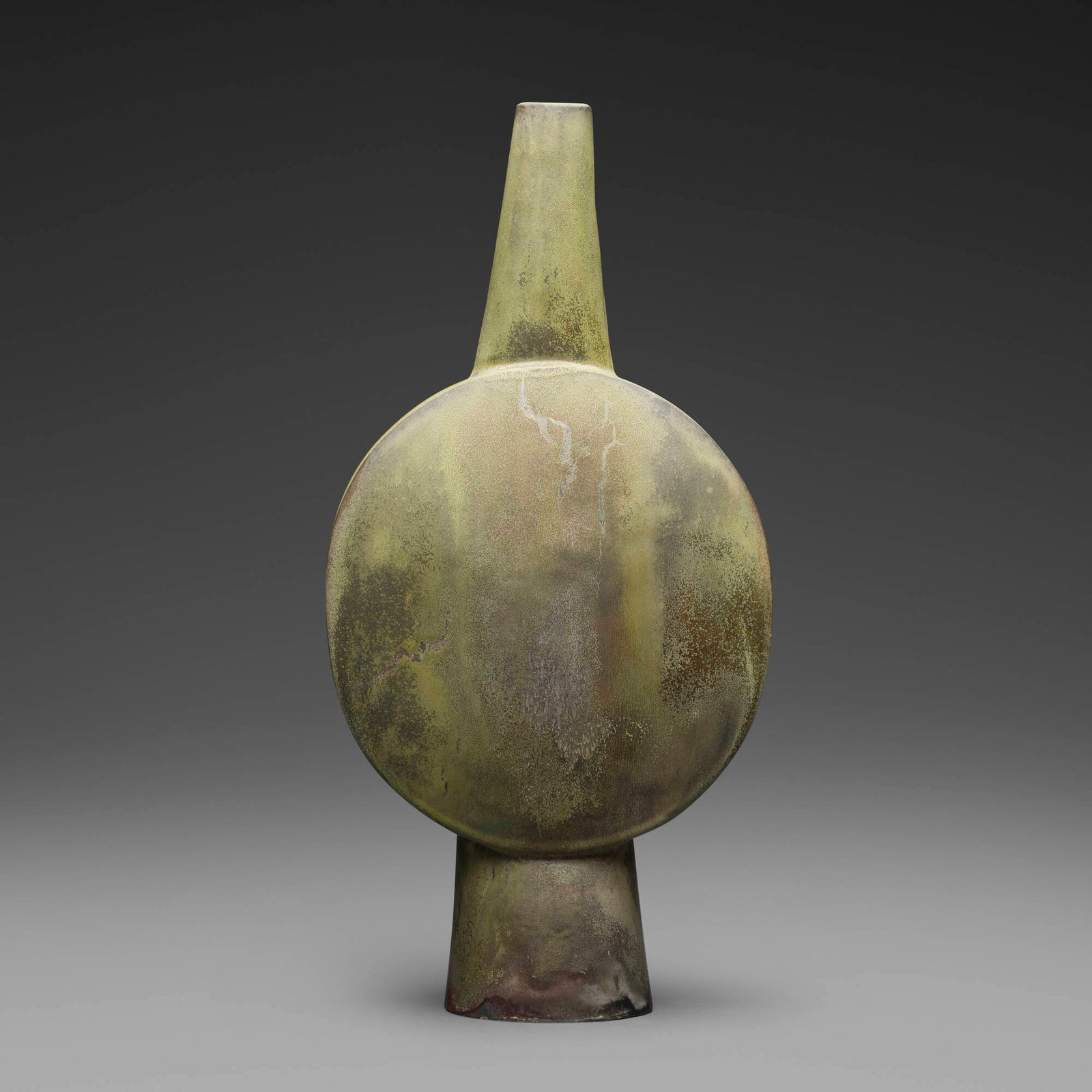 Otto Natzler, Flat long-necked bottle, oval form (1 of 4)