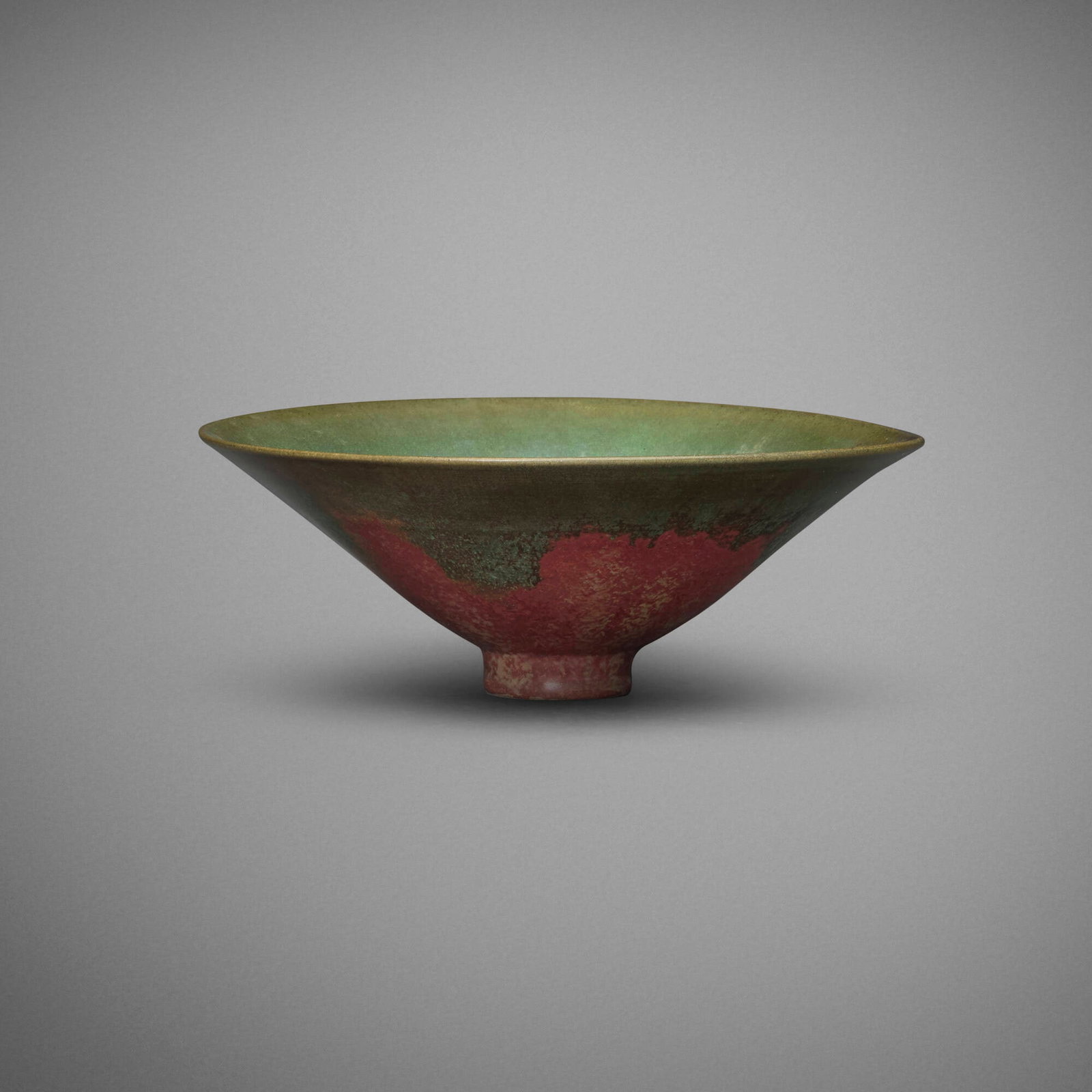 Gertrud and Otto Natzler, Conical bowl: Gertrud and Otto Natzler Conical bowl 1960 earthenware with Green and Sang Reduction Fired glaze 3 h x 8 dia in (8 x 20 cm) Signed to underside 'Natzler' with archive number 'K930' an