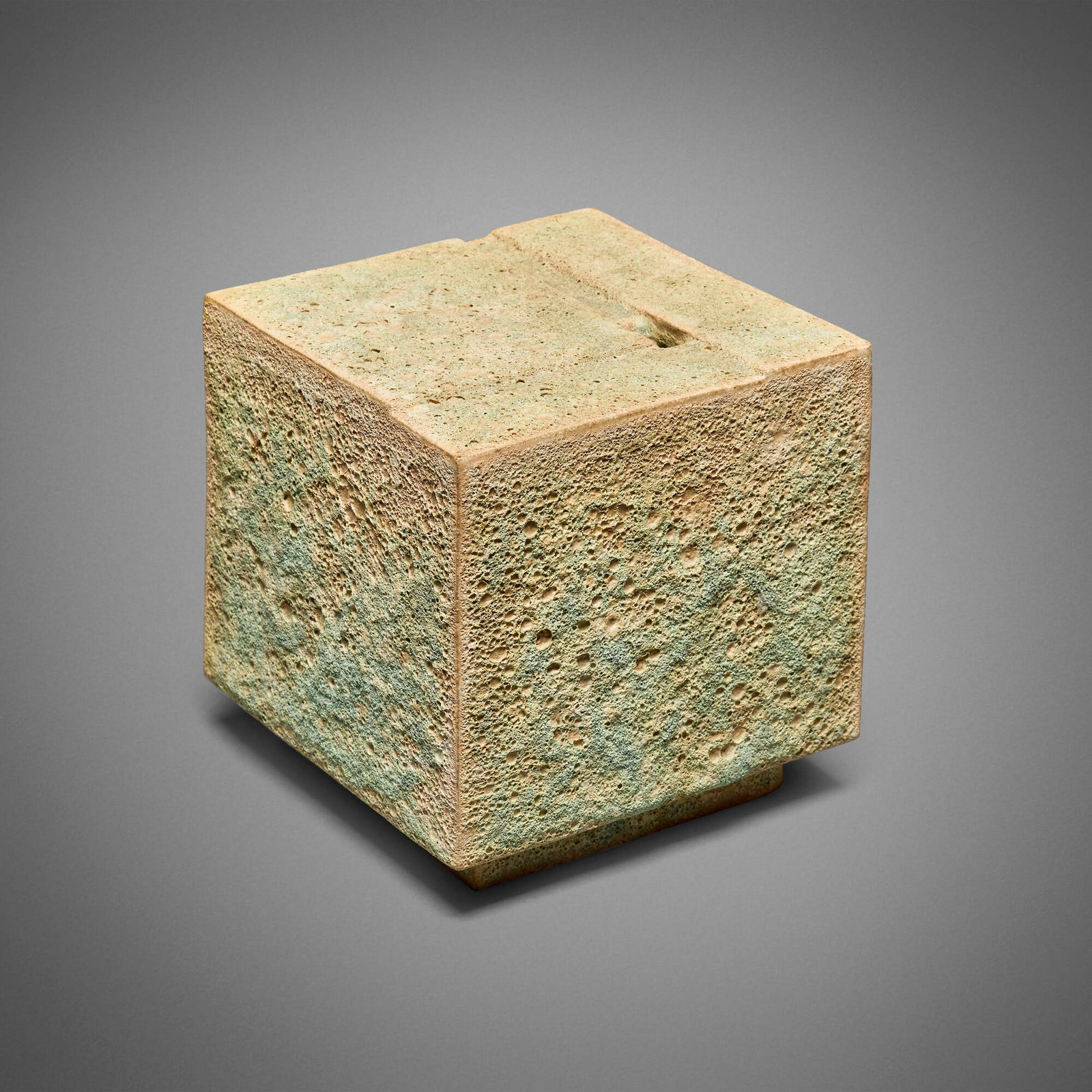 Otto Natzler, Cube with frag top: Otto Natzler Cube with frag top 1977 earthenware with Pale Green Crater glaze 7 h x 7.125 w x 7 d in (18 x 18 x 18 cm) Signed and dated to underside 'Otto Natzler 1977' with archive number