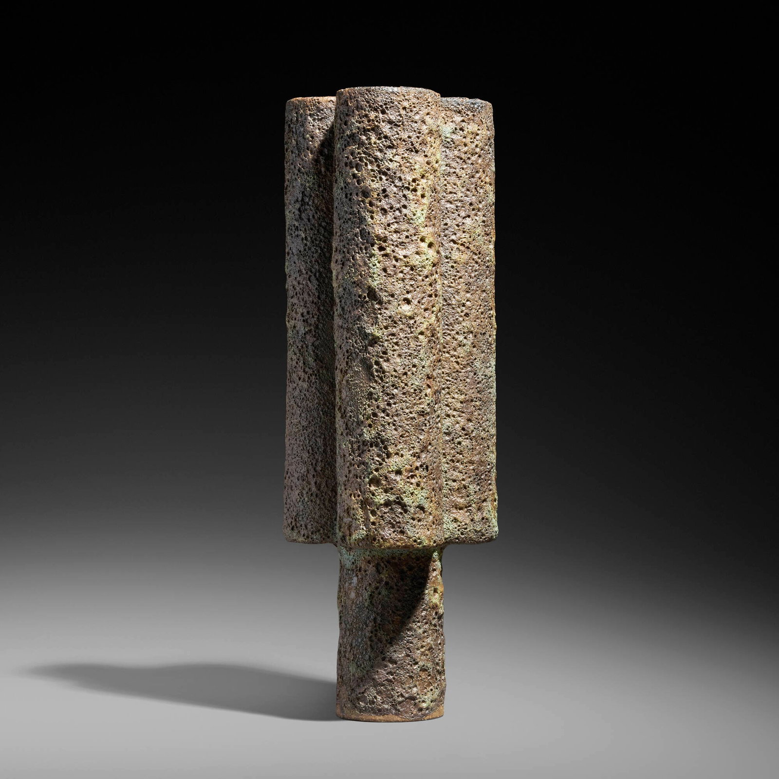 Otto Natzler, Three pipe vase form: Otto Natzler Three pipe vase form 1988 earthenware with Verdigris Crater glaze 15.5 h x 5.25 w x 5 d in (39 x 13 x 13 cm) Signed and dated to underside 'Otto Natzler 1988' with archive number &