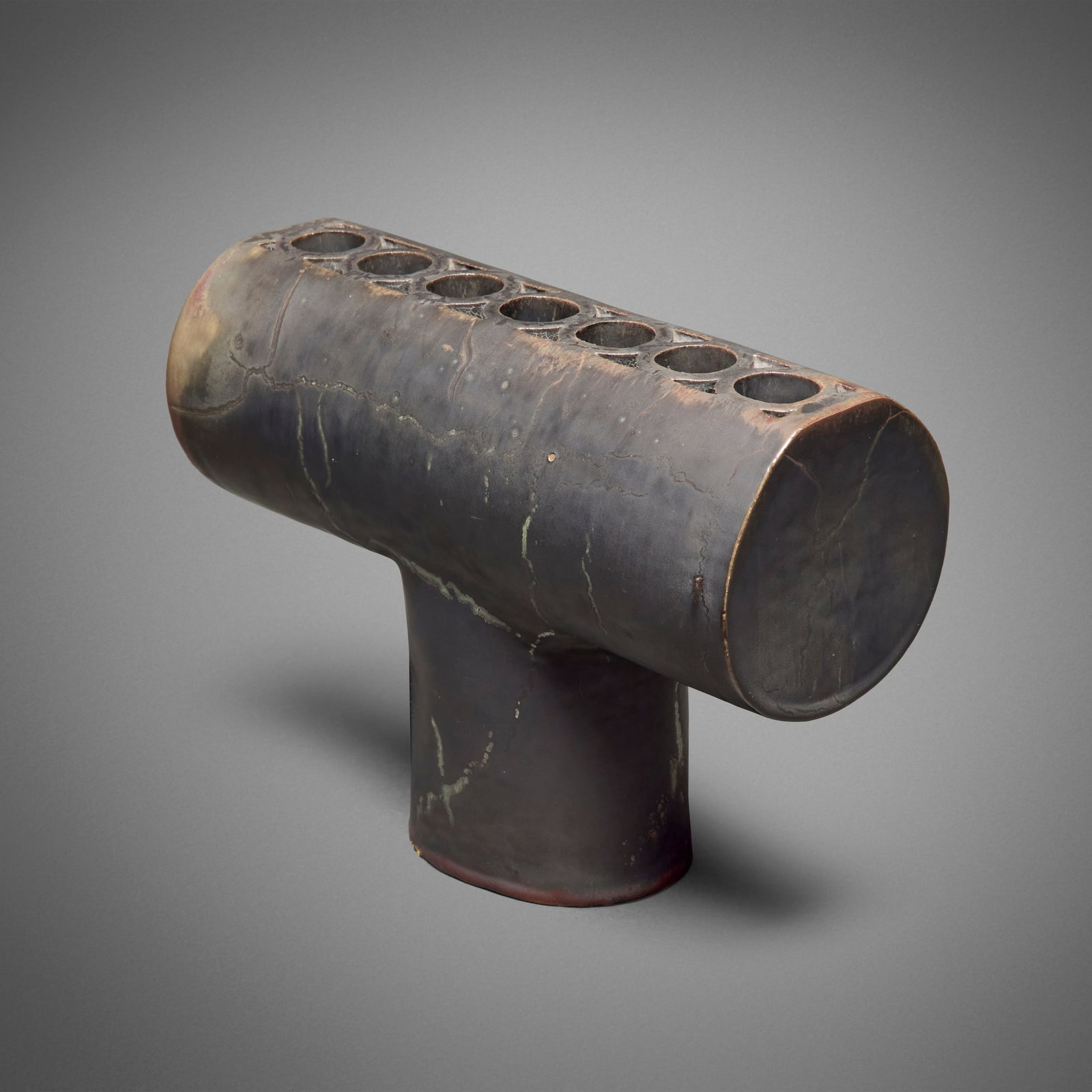 Otto Natzler, Menorah: Otto Natzler Menorah 1981 earthenware with Velvet Black Reduction Fired glaze with Greygreen and Sang and melt fissures 8.375 h x 11.375 w x 4.375 d in (21 x 29 x 11 cm) Signed and dated to underside