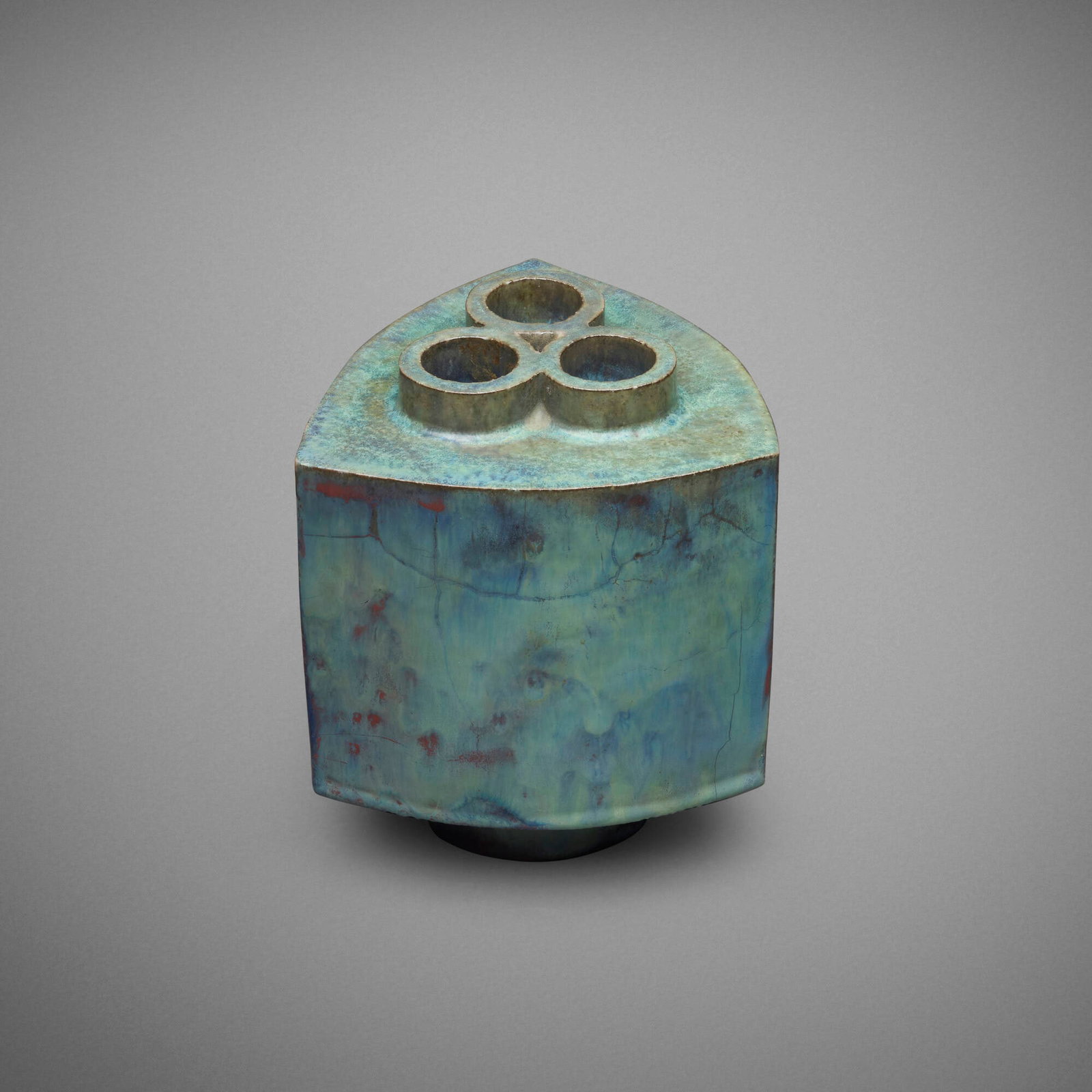 Otto Natzler, Triangle form with bent sides: Otto Natzler Triangle form with bent sides 1977 earthenware with Blue and Sang Nocturne glaze with melt fissures 6.375 h x 5.625 w x 5.5 d in (16 x 14 x 14 cm) Signed and dated to underside 'Ot