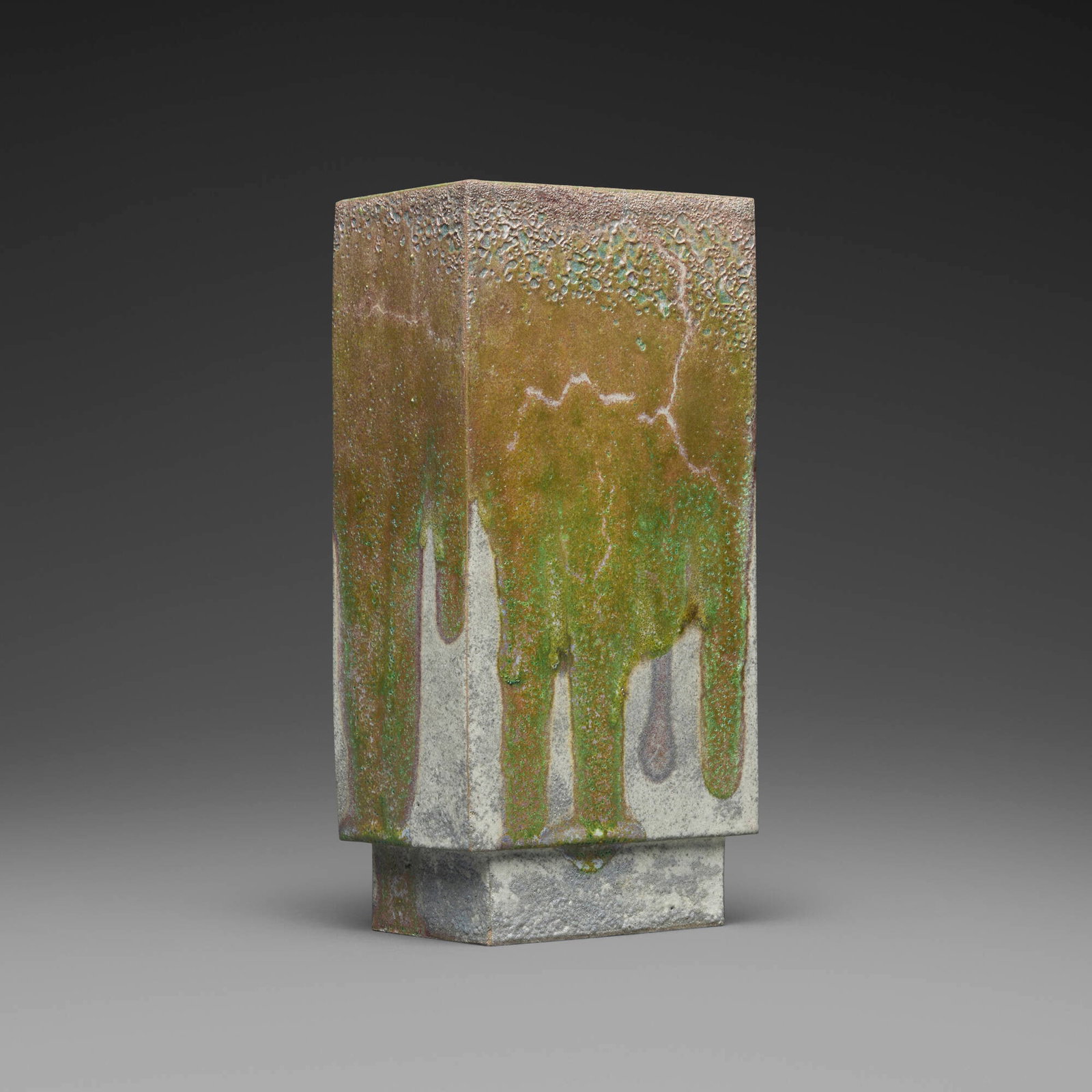 Otto Natzler, Rectangle monolith with two pipes: Otto Natzler Rectangle monolith with two pipes 1982-83 earthenware with Greyish White Reduction Fired glaze and Green and Rose overflow 9 h x 4.5 w x 2.75 d in (23 x 11 x 7 cm) Signed and dated
