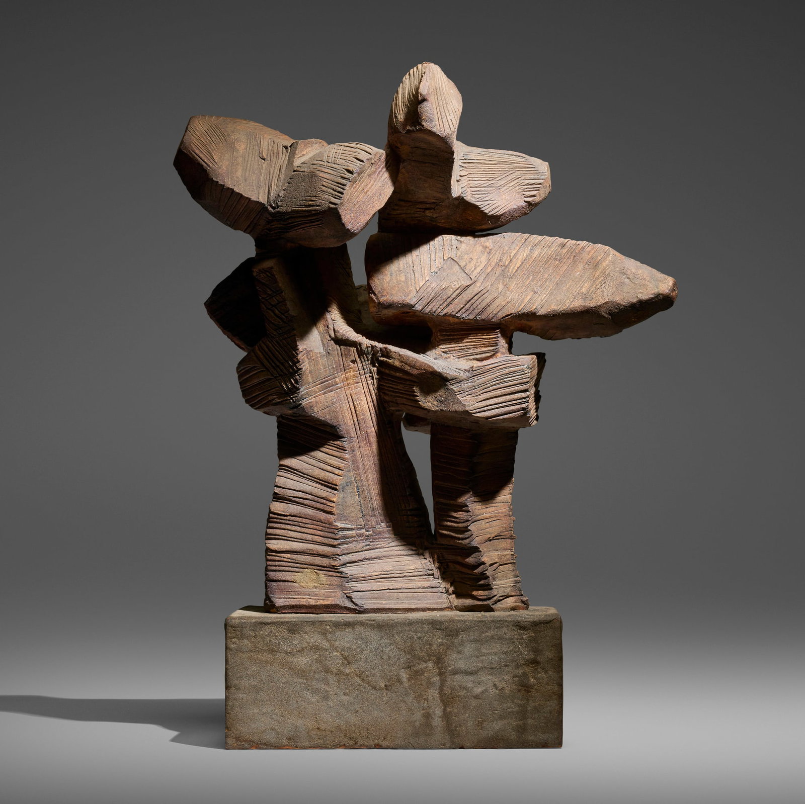 Peter Voulkos, Untitled: Peter Voulkos Untitled 1958 glazed stoneware, plaster over wood base 30.75 h x 22 w x 13 d in (78 x 56 x 33 cm) Incised signature and date to lower edge 'Voulkos 58'. This work is registered in the