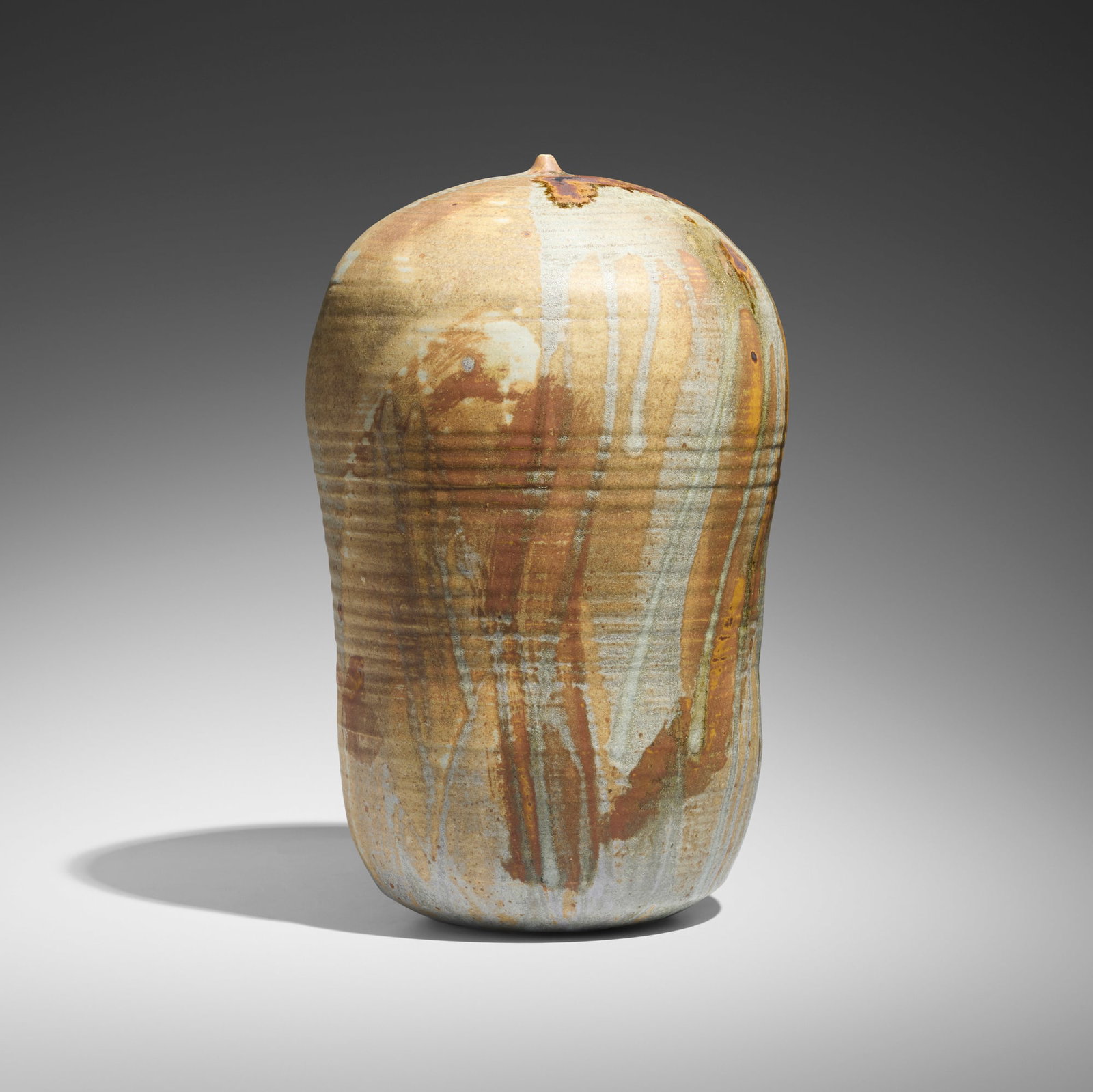 Toshiko Takaezu, Closed Form (with rattle): Toshiko Takaezu Closed Form (with rattle) c. 1985 glazed stoneware 18.75 h x 12 w x 11.5 d in (48 x 30 x 29 cm) Incised signature to underside 'TT'. Provenance: Private Collection, California This