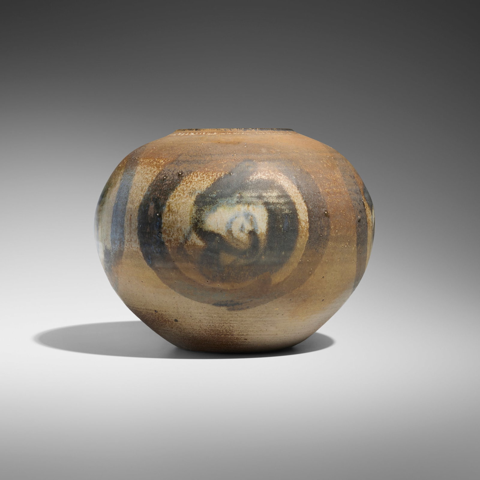 Toshiko Takaezu, Early vase: Toshiko Takaezu Early vase c. 1958 glazed stoneware 7.5 h x 9.375 dia in (19 x 24 cm) Incised signature to underside 'TT'. Provenance: Private Collection, California This work will ship from