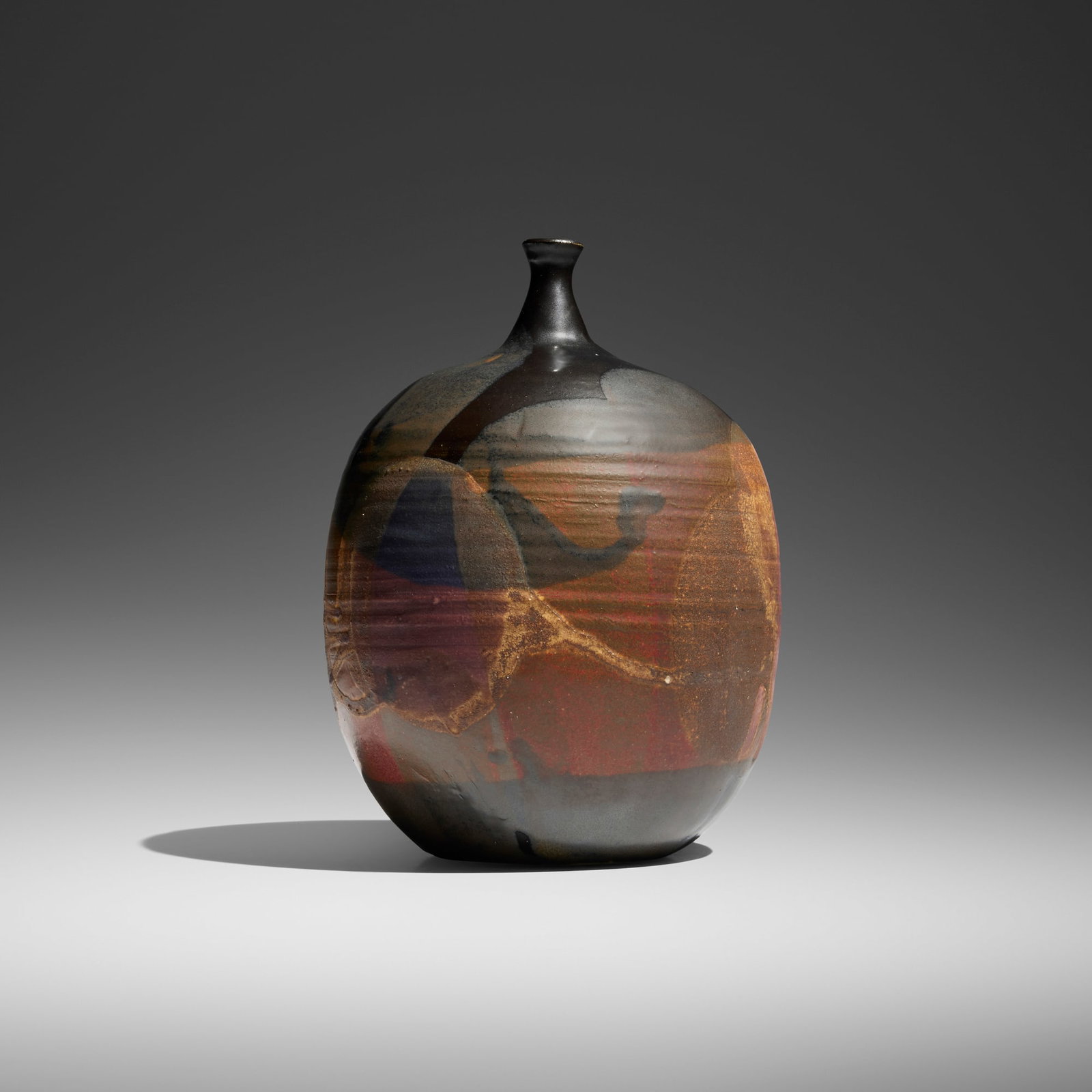 Toshiko Takaezu, Early vase: Toshiko Takaezu Early vase c. 1958 glazed porcelain 8.875 h x 6.625 w x 6.125 d in (23 x 17 x 16 cm) Incised signature to underside 'TT'. Provenance: Private Collection This work will