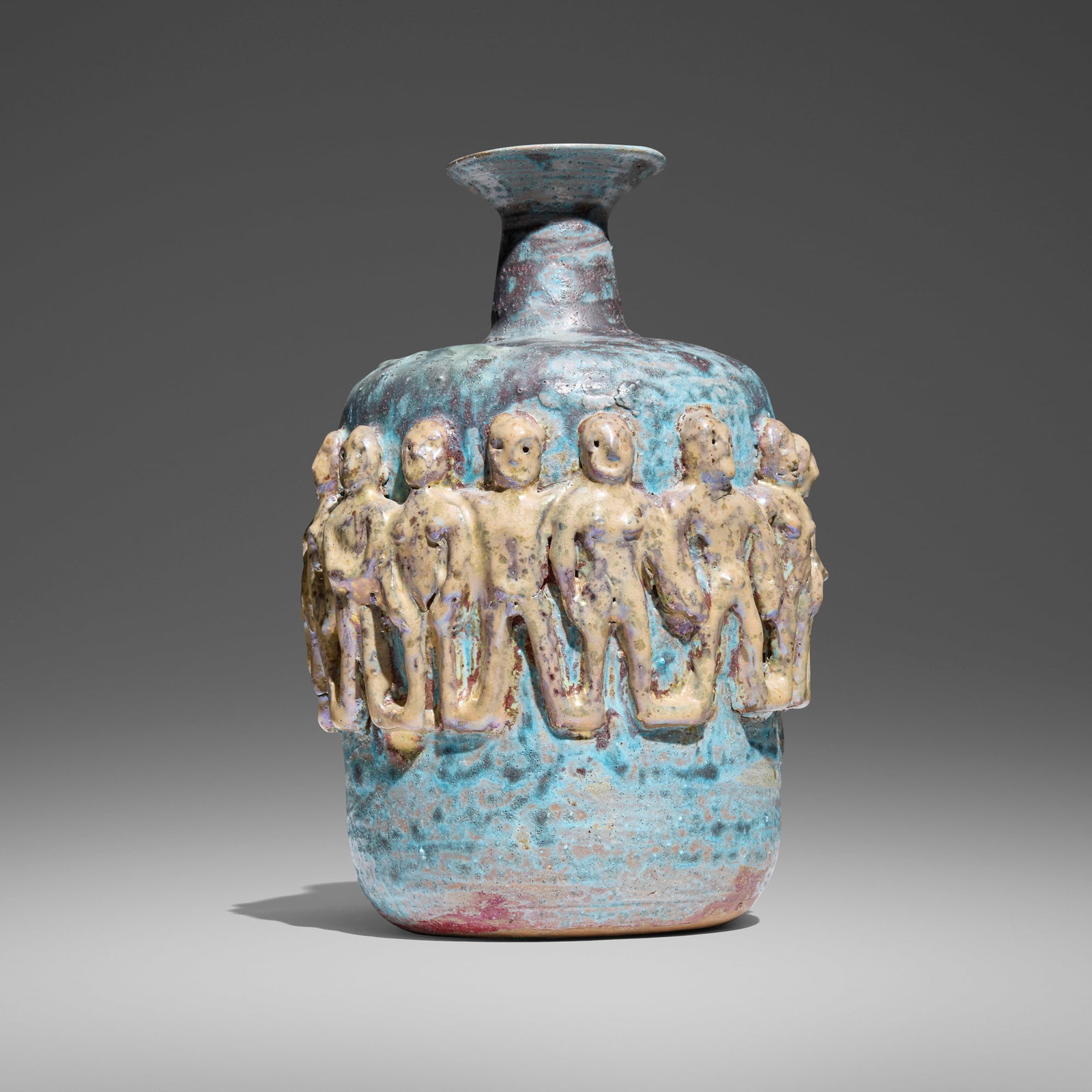 Beatrice Wood, Bottle with figures: Beatrice Wood Bottle with figures 1993 glazed earthenware 10.75 h x 7 dia in (27 x 18 cm) Slip signature to underside 'Beato'. Provenance: Acquired directly from the artist by the present