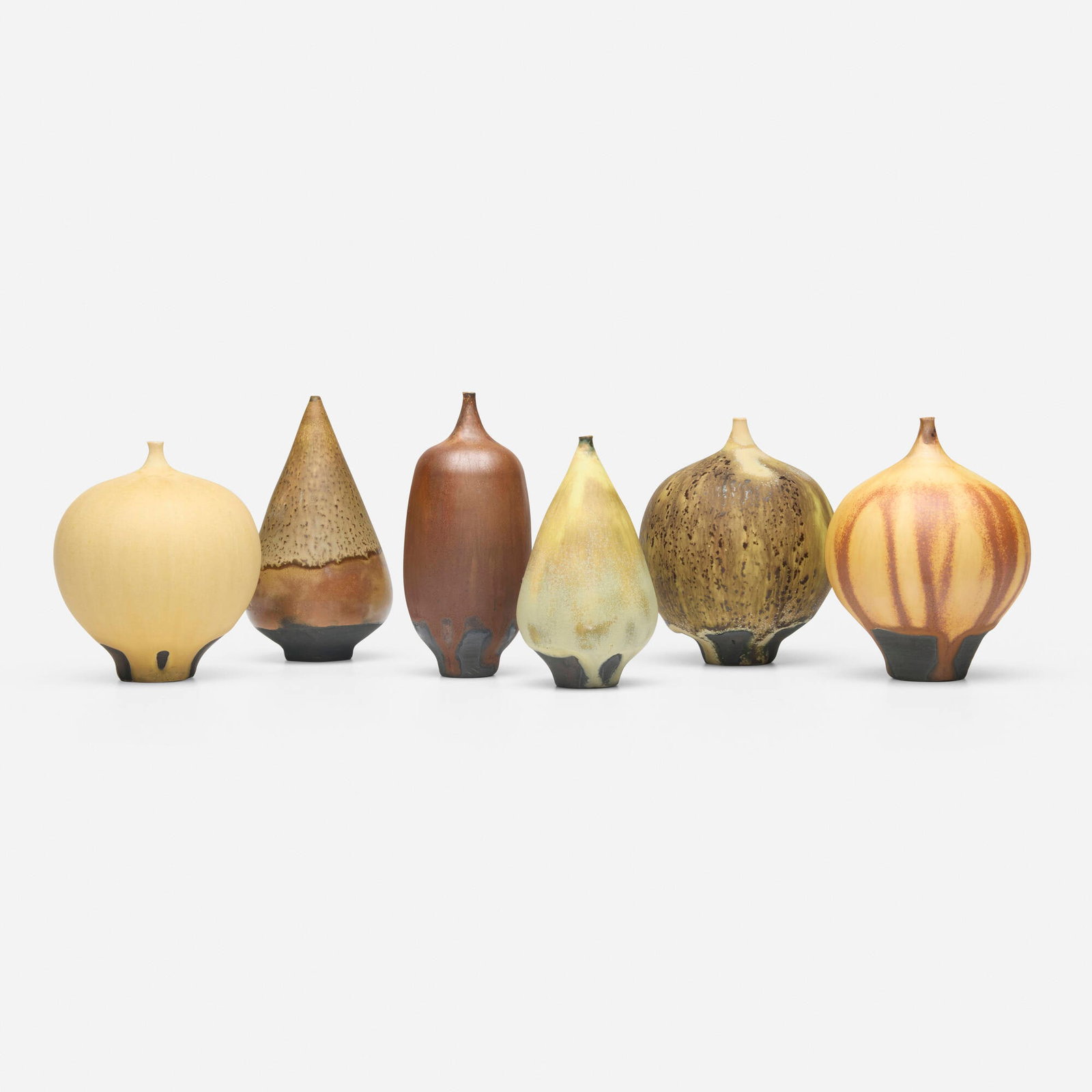 Rose and Erni Cabat, Collection of six Feelies: Rose and Erni Cabat Collection of six Feelies 1970-1990 glazed porcelain tallest: 4.25 h x 1.875 dia in (11 x 5 cm) shortest: 3.5 h x 3 dia in (9 x 8 cm) Incised signature to underside of each