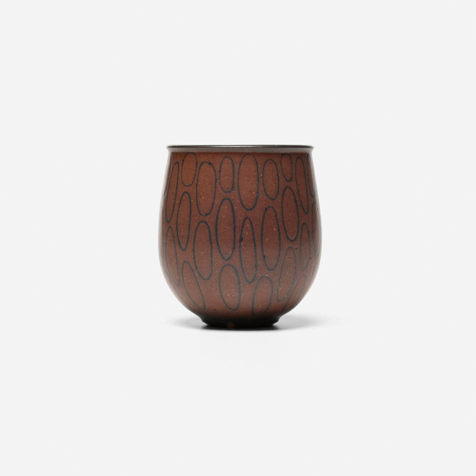 Harrison McIntosh, Vase: Harrison McIntosh Vase c. 1968 glazed stoneware 4.75 h x 4.25 dia in (12 x 11 cm) Impressed chop mark to underside 'HM'. Paper studio label to underside 'Handthrown Stoneware Harrison McIntosh