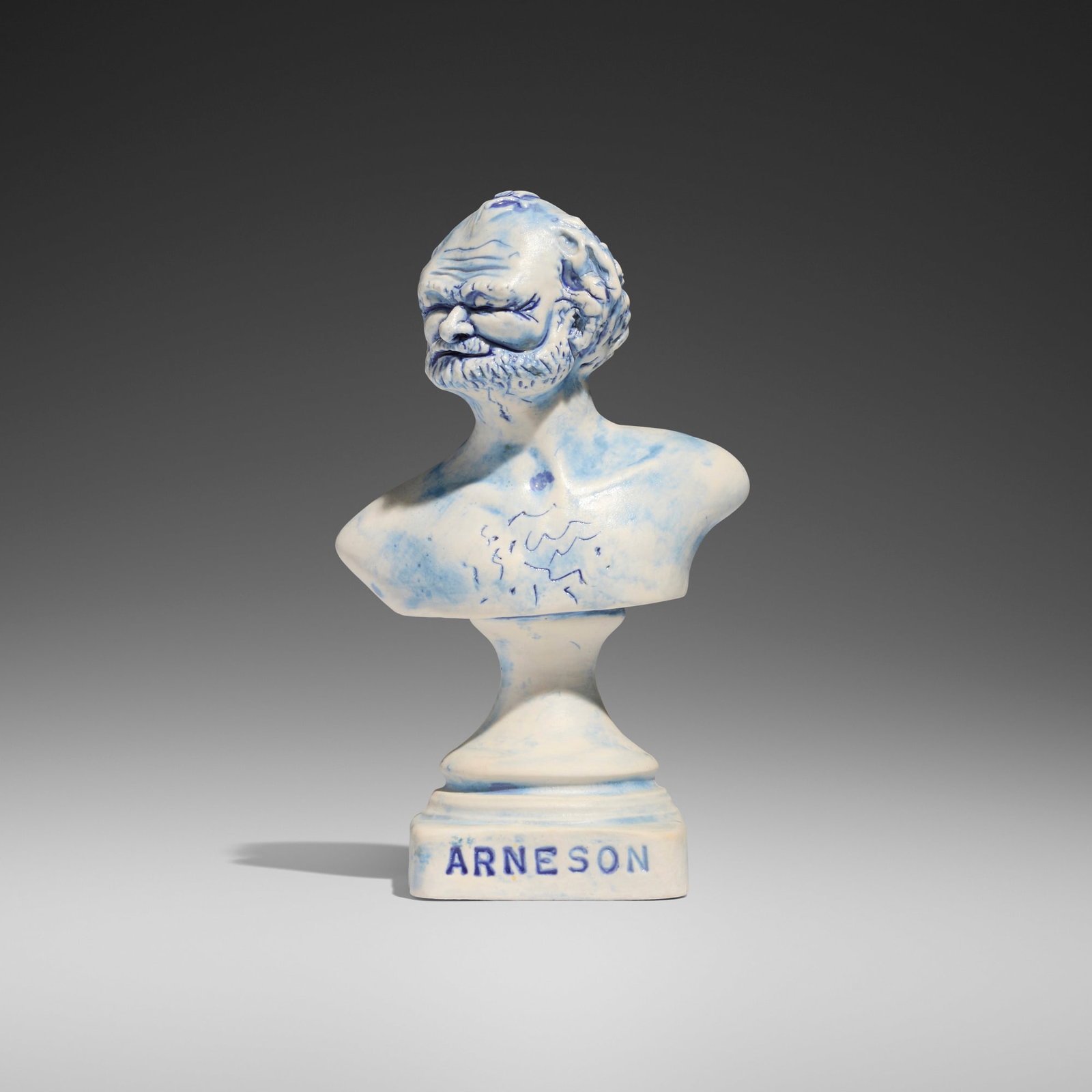 Robert Arneson, Self-Portrait Trophy Bust: Robert Arneson Self-Portrait Trophy Bust 1981 glazed porcelain 7.25 h x 4.5 w x 2.75 d in (18 x 11 x 7 cm) Carved signature to front of base 'Arneson'. Incised date and number to underside