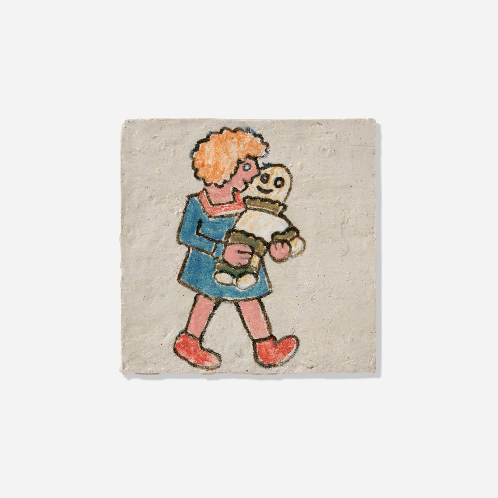 Magdalena Suarez Frimkess, Girl with Doll tile: Magdalena Suarez Frimkess Girl with Doll tile 2018 glazed earthenware 5.75 h x 5.75 w x 0.375 d in (15 x 15 x 1 cm) Signed and dated to underside 'Magdalena 3-18'. Provenance: South