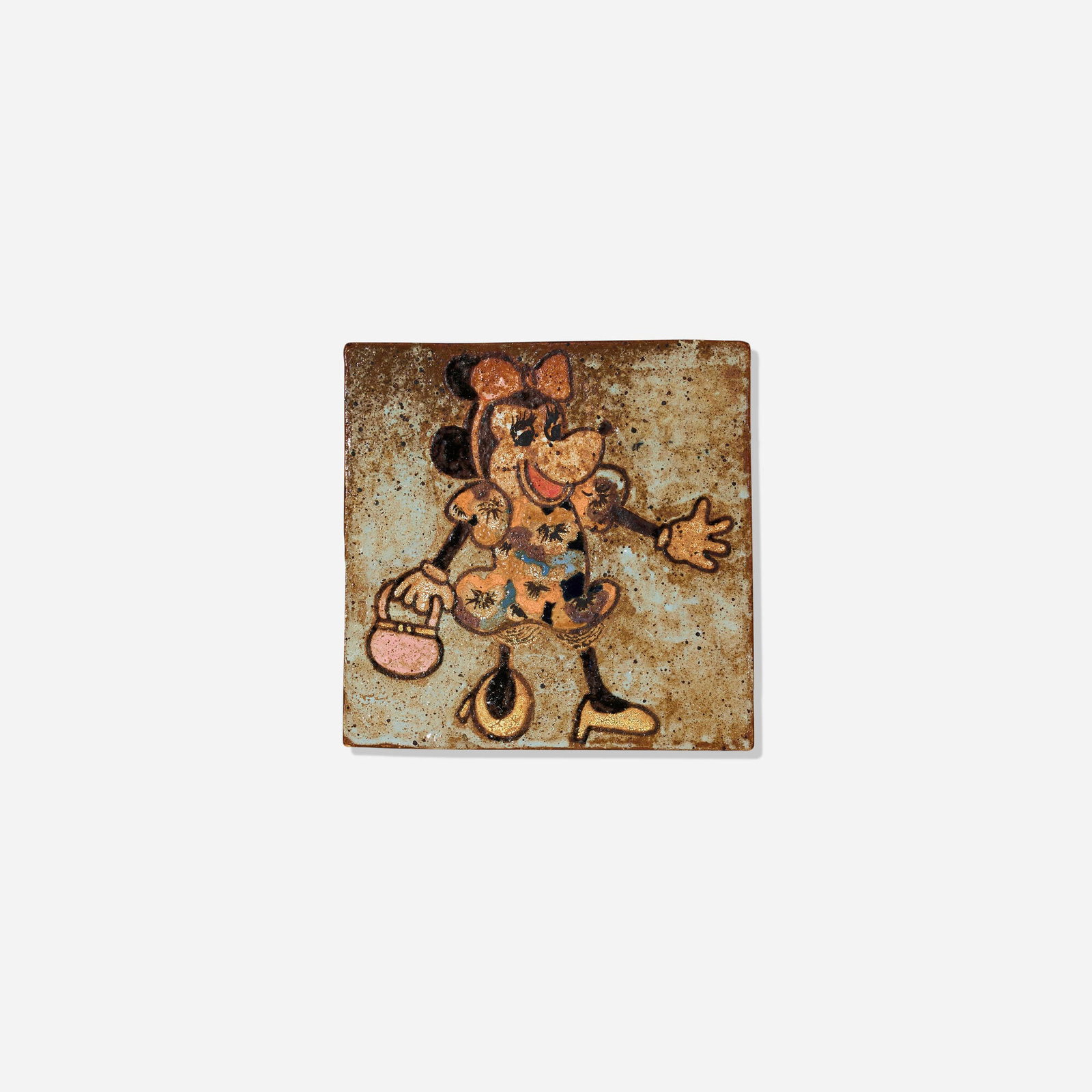 Magdalena Suarez Frimkess, Minnie tile: Magdalena Suarez Frimkess Minnie tile glazed earthenware 7.25 h x 7.25 w x 0.25 d in (18 x 18 x 1 cm) Provenance: South Willard, Los Angeles | Acquired from the previous, Private Collection This work