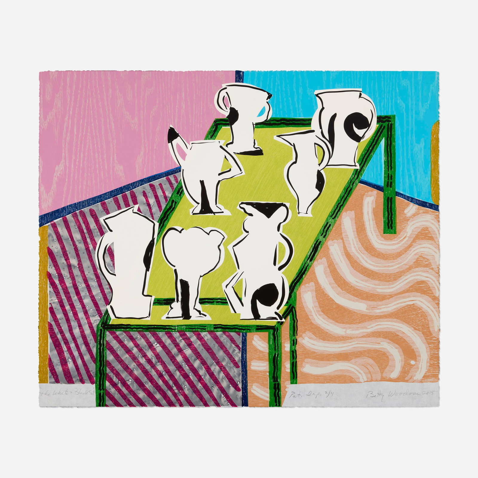 Betty Woodman, The White & Black Set: Betty Woodman The White & Black Set 2015 woodcut and lithograph in colors with chine colle and collage 29.25 h x 35 w in (74 x 89 cm) Signed, titled, dated and numbered to lower edge 'The White