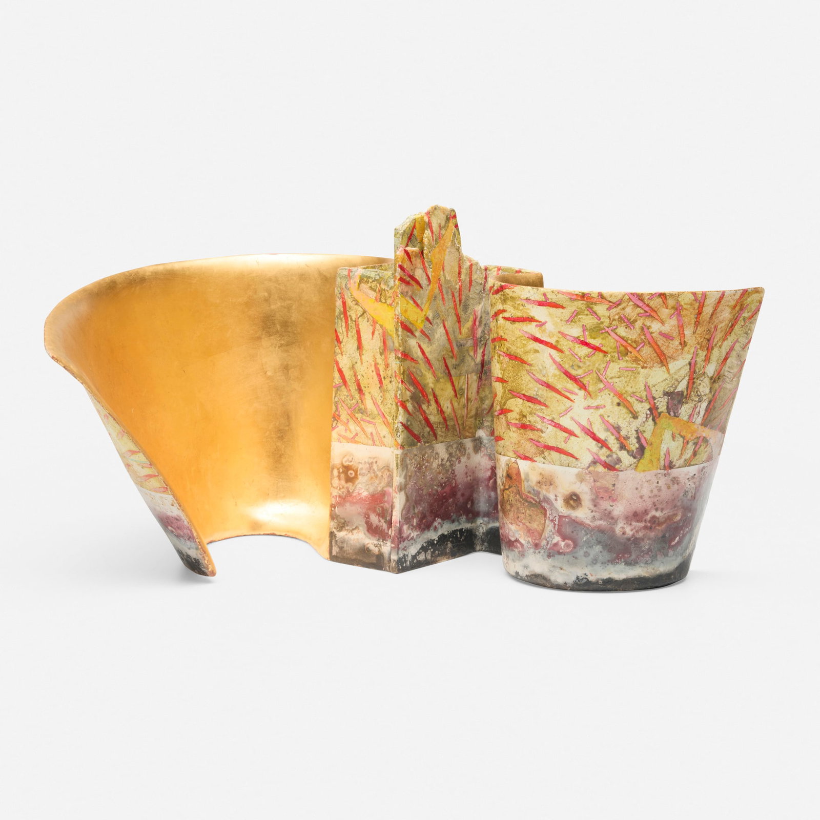 Bennett Bean, Wing: Bennett Bean Wing c. 2000 pit-fired, painted, and gilt earthenware 8.875 h x 17.375 w x 11.75 d in (23 x 44 x 30 cm) Impressed bean mark to front of larger element. Numbered to underside of each
