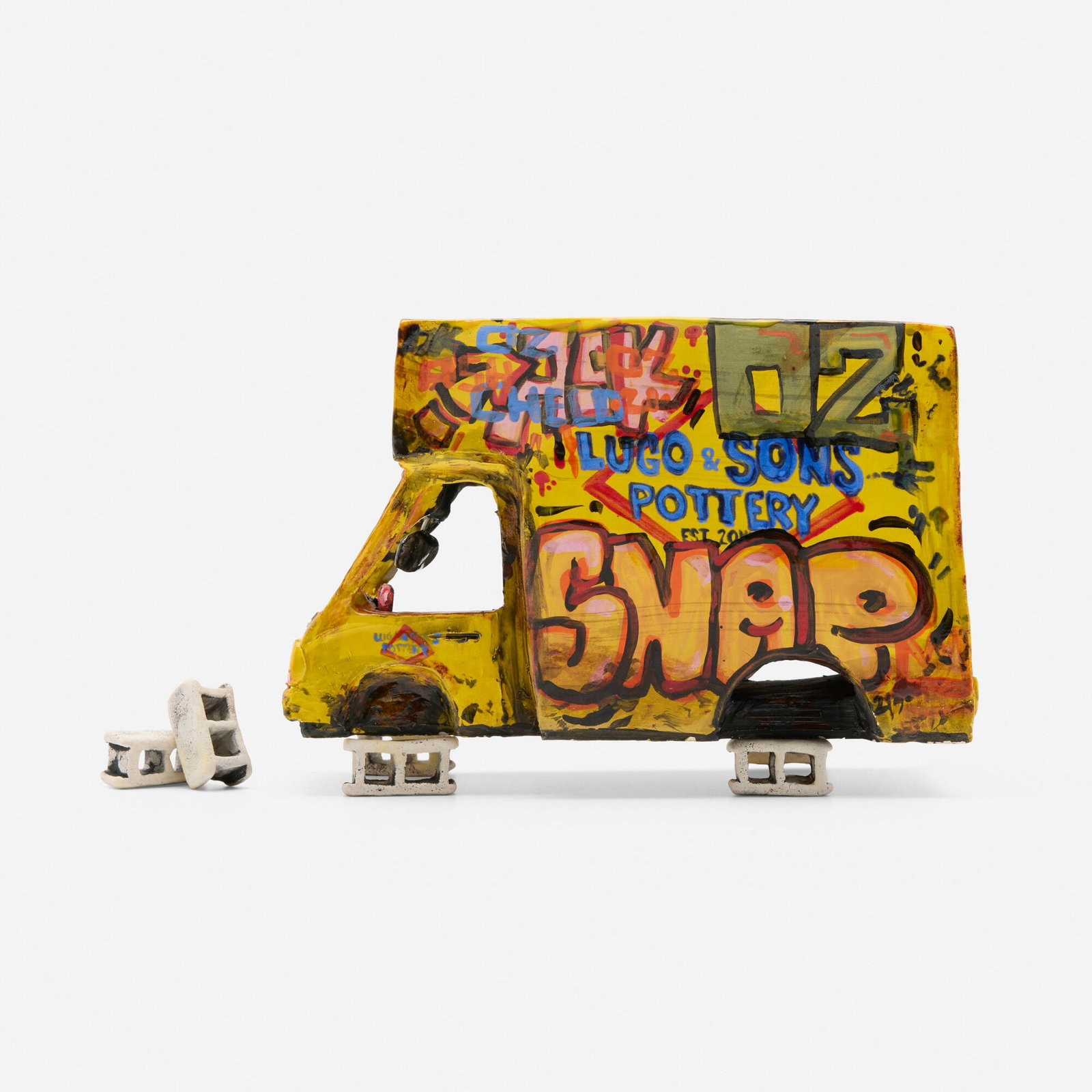 Roberto Lugo, Texture Study I: Roberto Lugo Texture Study I 2021 glazed earthenware 6 h x 4.75 w x 8.375 d in (15 x 12 x 21 cm) Work is composed of seven elements. Glazed artist's graffiti tag to sides and back