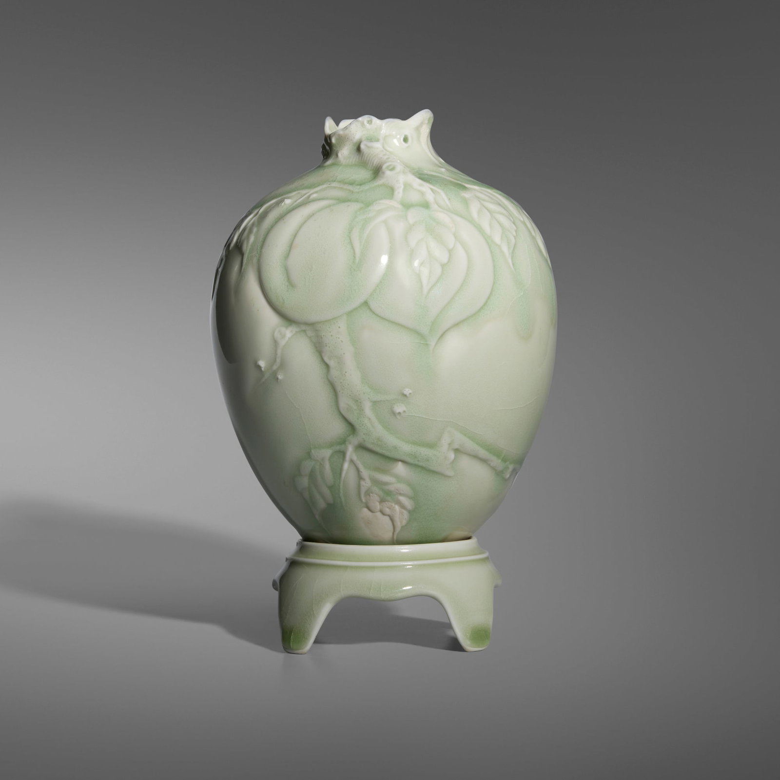 Cliff Lee, Vase with peaches on stand: Cliff Lee Vase with peaches on stand 2001 celadon-glazed porcelain 9 h x 6 dia in (23 x 15 cm) Incised signature and date to underside 'Cliff Lee '01'. Incised signature to underside