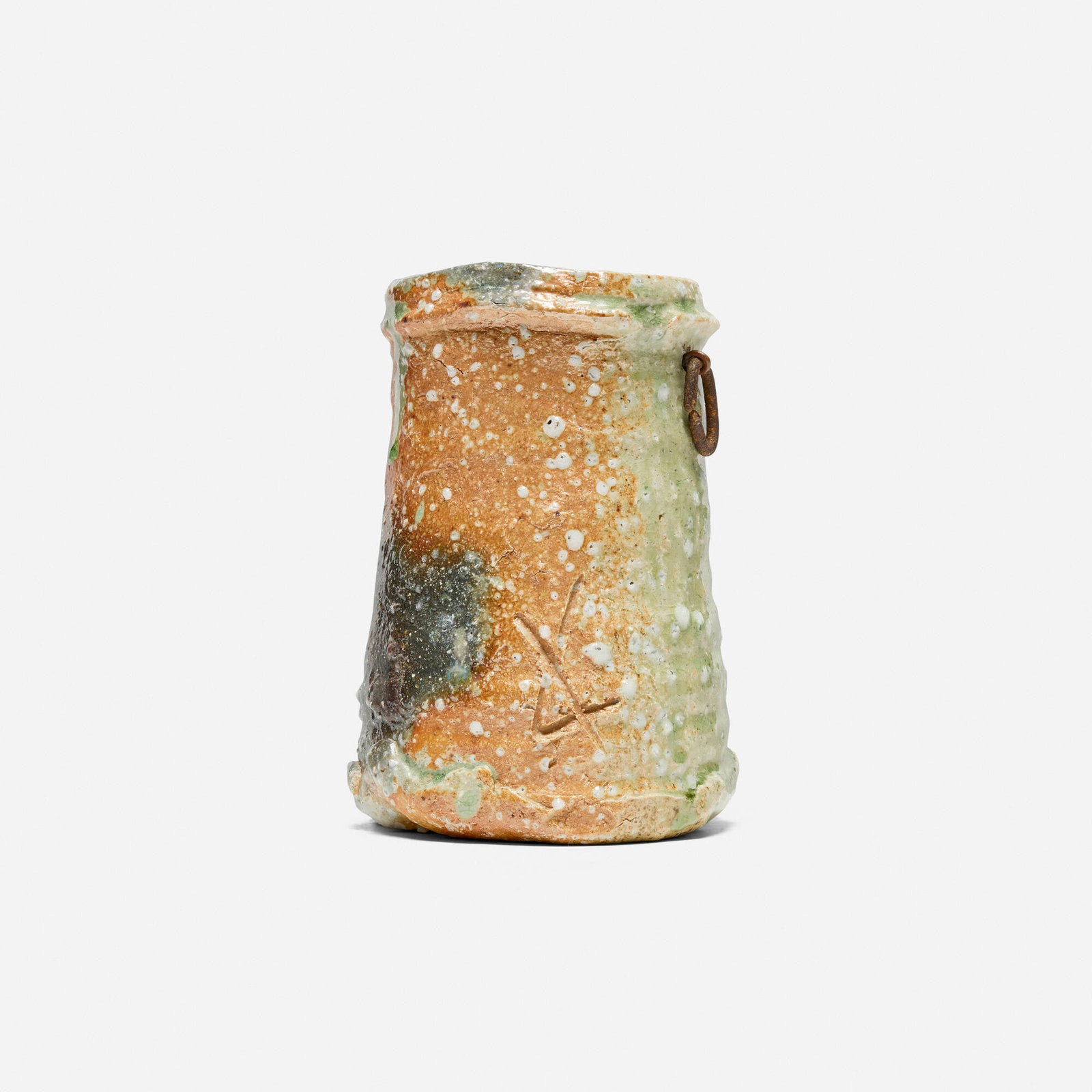 Shiro Tsujimura, Flower Vase: Shiro Tsujimura Flower Vase c. 1992 ash-glazed stoneware, steel 6.75 h x 4.75 w x 4.5 d in (17 x 12 x 11 cm) Incised artist's cipher to lower body. Sold with original signed artist's box