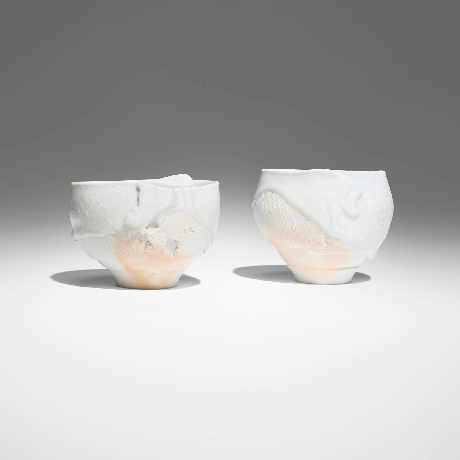 Mami Kato, Tea bowls (two works): Mami Kato Tea bowls (two works) 2021 frost-glazed porcelain 2.625 h x 3.75 w x 3.5 d in (7 x 10 x 9 cm) 2.75 h x 3.75 w x 3.25 d in (7 x 10 x 8 cm) Artist's chopmark to underside of each example.