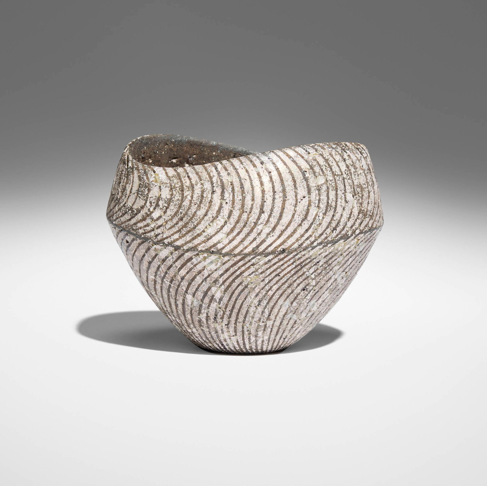 Daisuke Iguchi, Guinomi (sake cup): Daisuke Iguchi Guinomi (sake cup) 2022 ash-coated earthenware with silver striated slip 2.25 h x 3 w x 2.375 d in (6 x 8 x 6 cm) Artist's chopmark to lower edge. Sold with original signed
