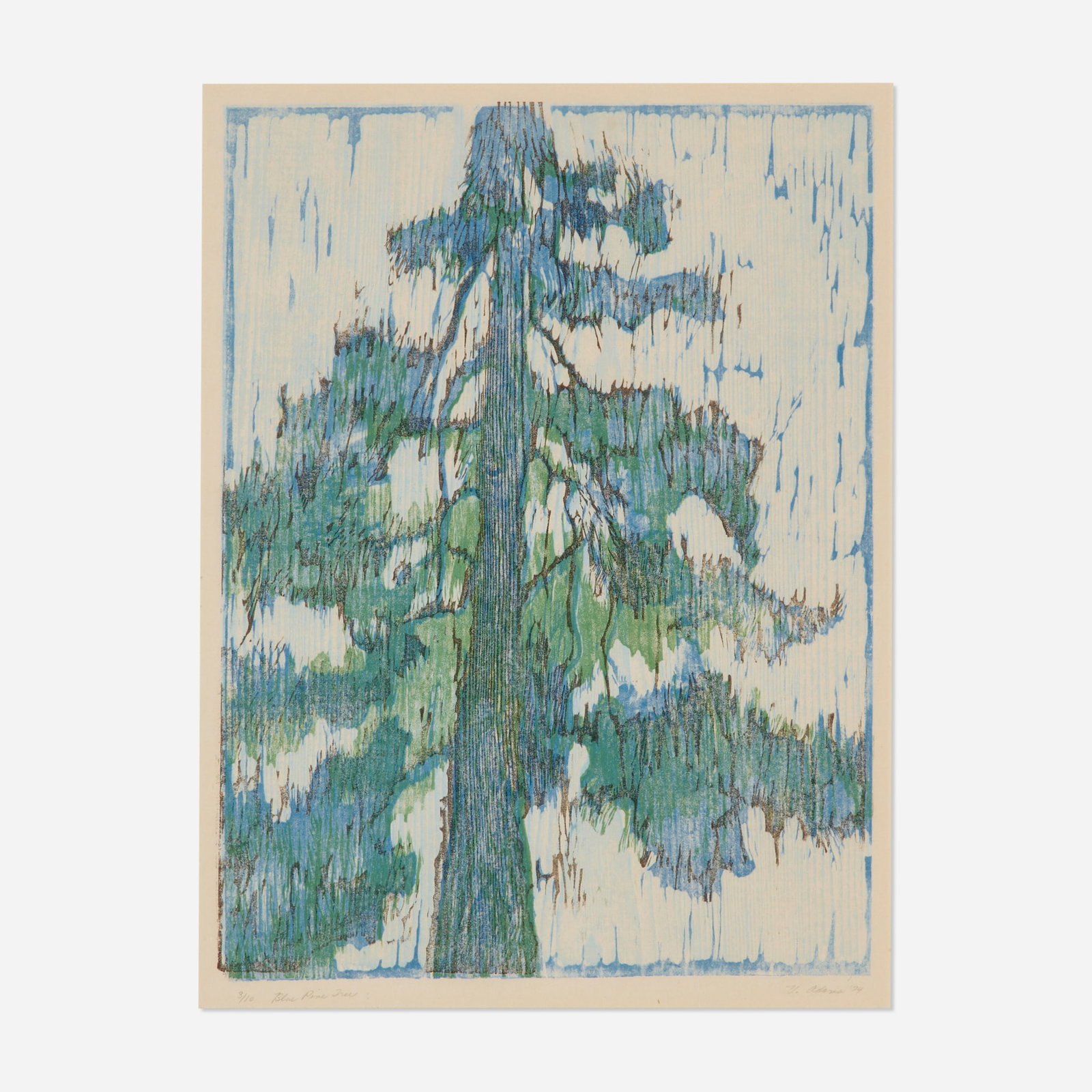 Victoria Adams, Blue Pine Tree: Victoria Adams Blue Pine Tree 1974 woodcut in colors on Japan image: 15 h x 11.5 w in (38 x 29 cm) sheet: 21.5 h x 17 w in (55 x 43 cm) Signed, titled, dated, and numbered to lower margin '3/10