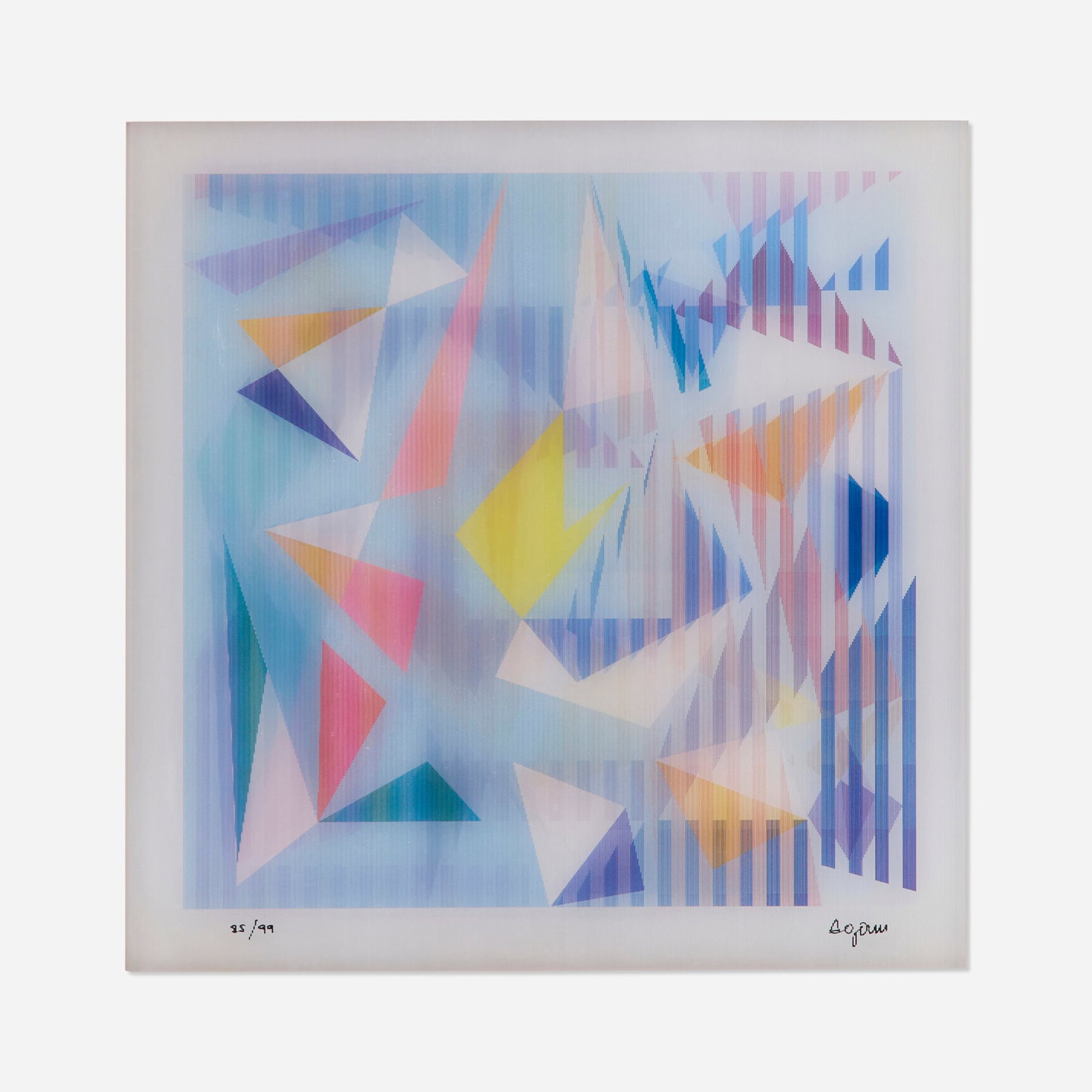 Yaacov Agam, Geo 1-2: Yaacov Agam Geo 1-2 2007 Agamograph image: 11.75 h x 11.75 w in (30 x 30 cm) sight: 13.5 h x 13.5 w in (34 x 34 cm) Signed and numbered to lower edge '85/99 Agam'. This work is number 85