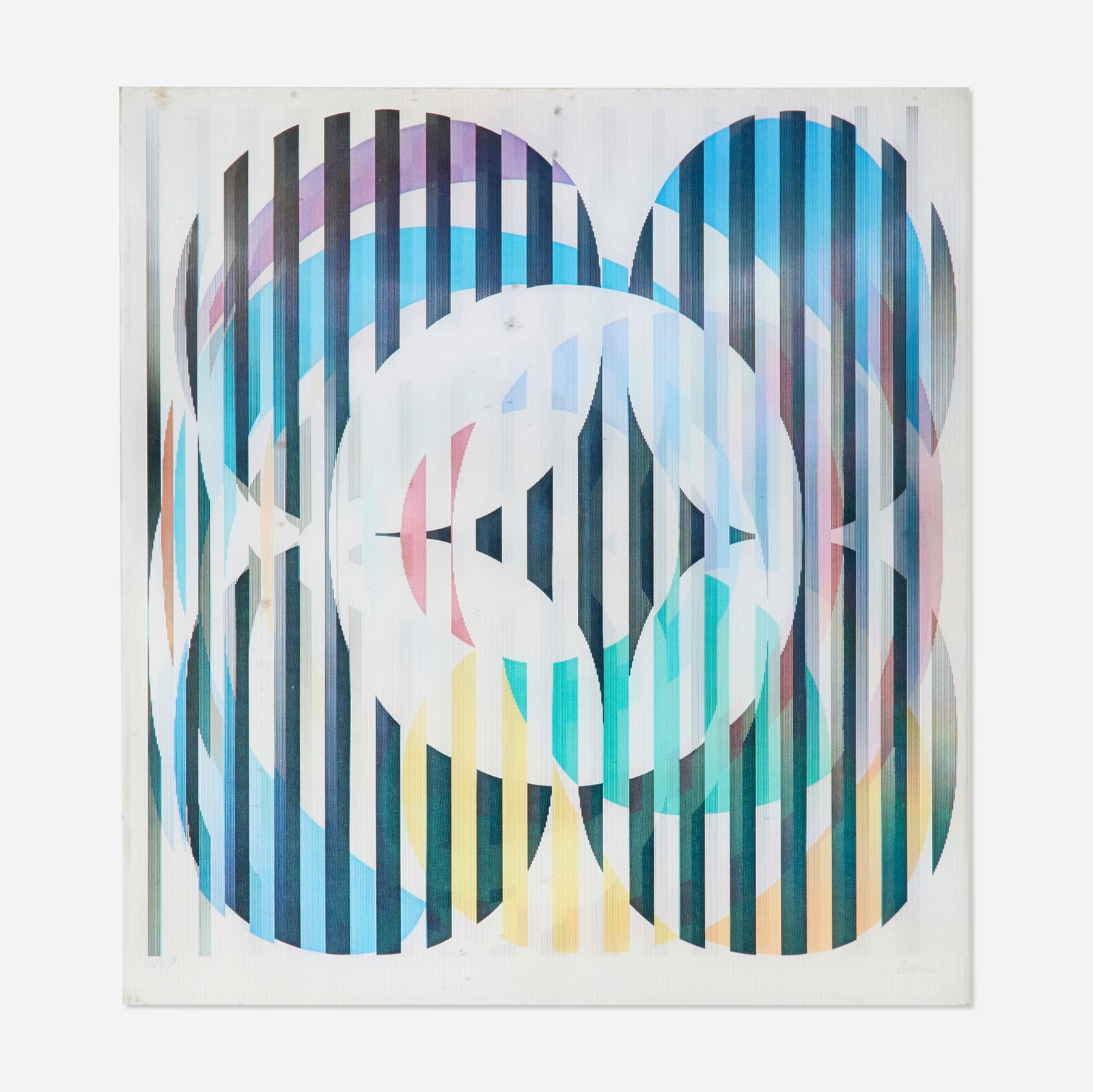 Yaacov Agam, Untitled: Yaacov Agam Untitled Agamograph image: 13.5 h x 13 w in (34 x 33 cm) sight: 14.5 h x 13.75 w in (37 x 35 cm) Signed and numbered to lower edge '72/99 Agam'. This work is number 72 from the