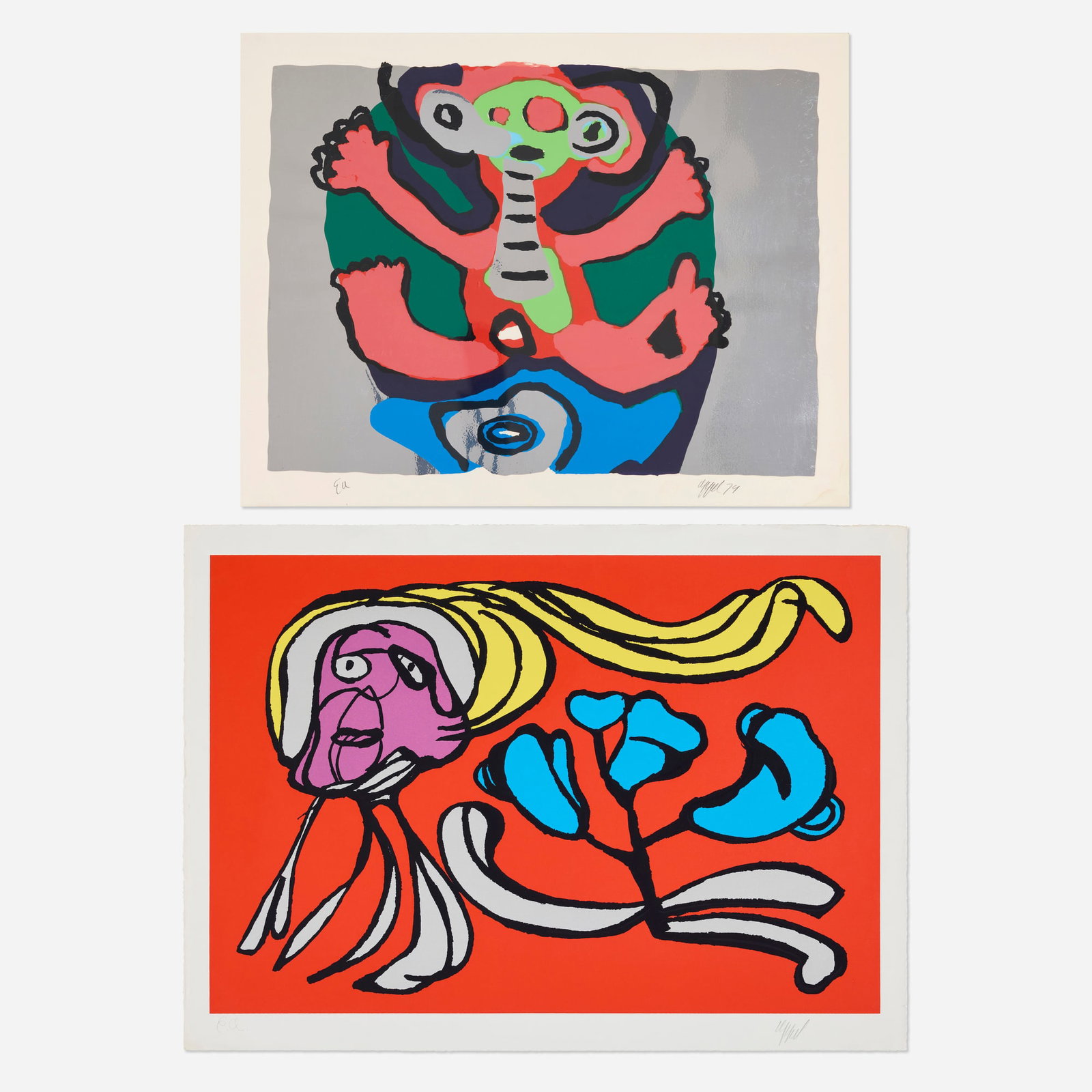 Karel Appel, Happy Meeting; Floating Flower Passion (Red) (two works): Karel Appel Happy Meeting; Floating Flower Passion (Red) (two works) 1974, 1978 lithograph in colors, metallic foil 29.75 h x 41 w in (76 x 104 cm) 26.375 h x 34 w in (67 x 86 cm) Signed and numbered