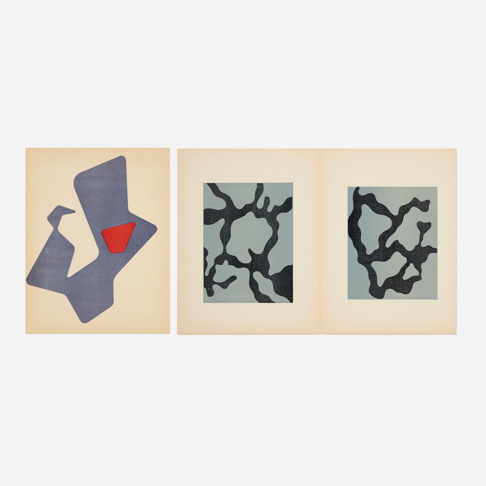 Jean (Hans) Arp, Heaume; Relief I & II (for XXe Siecle No. 1 and 4) (two works): Jean (Hans) Arp Heaume; Relief I & II (for XXe Siecle No. 1 and 4) (two works) 1951, 1954 woodcut in colors; lithograph in colors 12.375 h x 18.5 w in (31 x 47 cm) 12.375 h x 9.625 w in (31 x 24 cm)