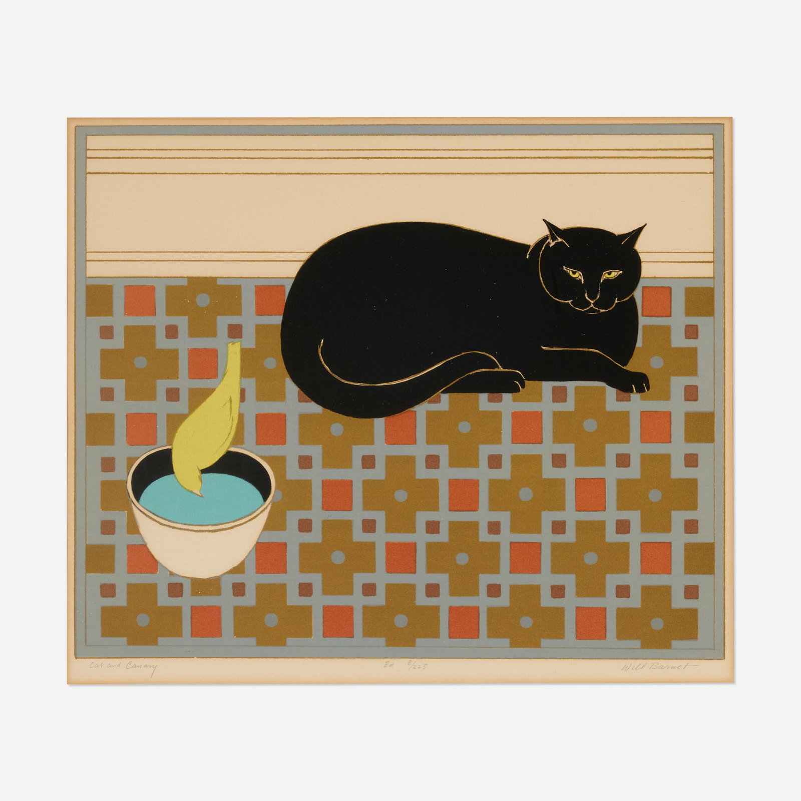 Will Barnet, Cat and Canary: Will Barnet Cat and Canary 1971 lithograph in colors image: 14.5 h x 17.5 w in (37 x 44 cm) sight: 15 h x 18 w in (38 x 46 cm) Signed, titled, and numbered to lower edge 'Cat and Canary Ed 8/225