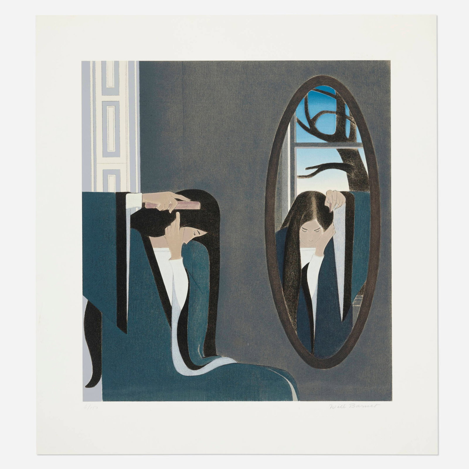 Will Barnet, Combing: Will Barnet Combing 1996 screenprint in colors image: 22.5 h x 20.25 w in (57 x 51 cm) sheet: 29 h x 26.25 w in (74 x 67 cm) Signed and numbered to lower edge '6/150 Will Barnet'. This work