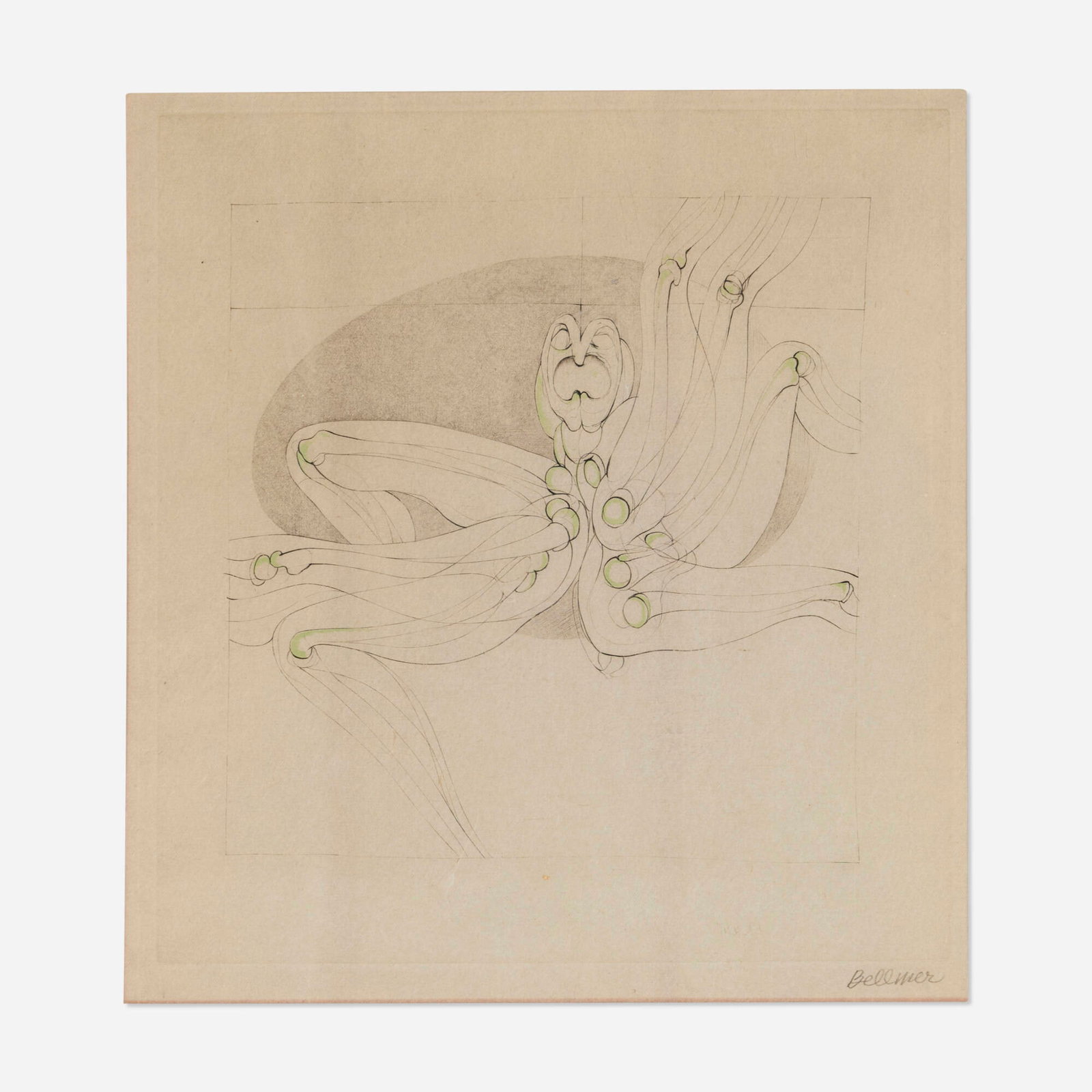 Hans Bellmer, Untitled (from the Les Marionnettes portfolio): Hans Bellmer Untitled (from the Les Marionnettes portfolio) 1969 etching in colors on Japon image: 12 h x 11.125 w in (30 x 28 cm) sheet: 15.75 h x 13.125 w in (40 x 33 cm) Signed to lower right