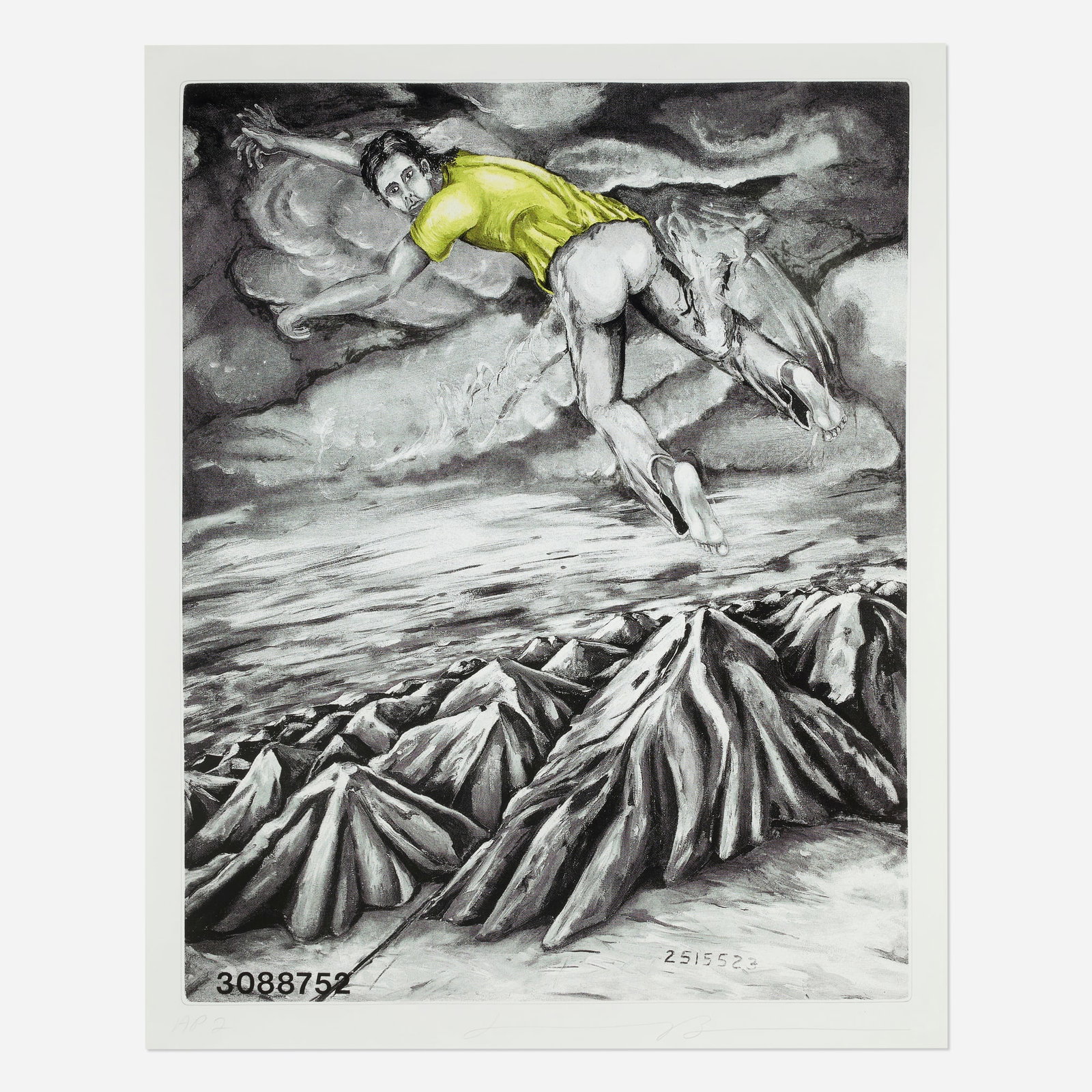 Jonathan Borofsky, I Dreamed I Could Fly at No. 3088752 (State IV): Jonathan Borofsky I Dreamed I Could Fly at No. 3088752 (State IV) 1990 lithograph in colors with embossing image: 46 h x 36.5 w in (117 x 93 cm) sheet: 50 h x 40 w in (127 x 102 cm) Signed and