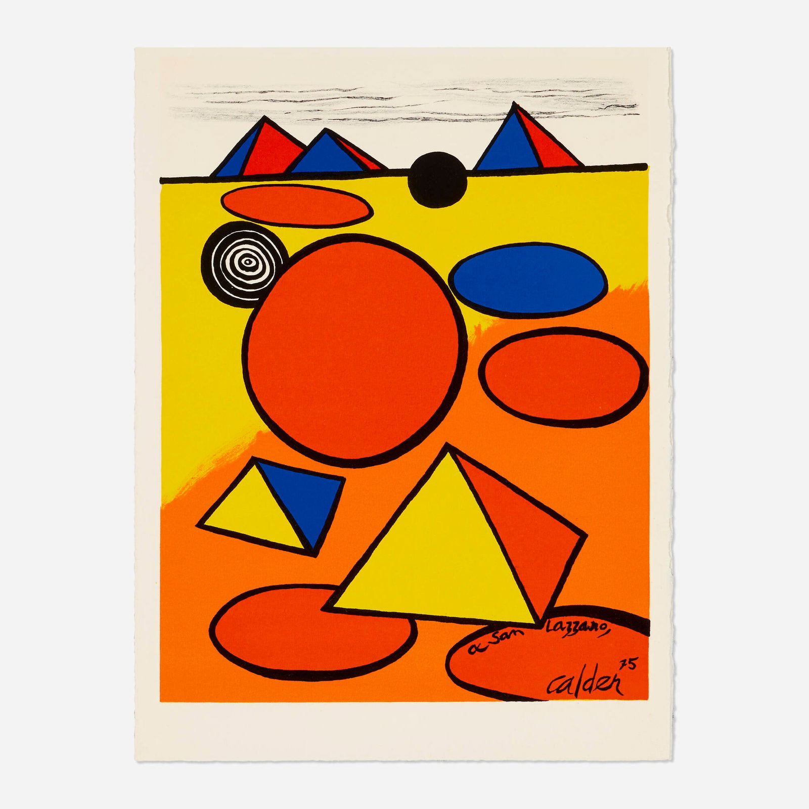 Alexander Calder, Hommage a San Lazzaro: Alexander Calder Hommage a San Lazzaro 1975 lithograph in colors image: 12.625 h x 9.5 w in (32 x 24 cm) sheet: 13.875 h x 10.5 w in (35 x 27 cm) This work is from the edition of 575 published by San