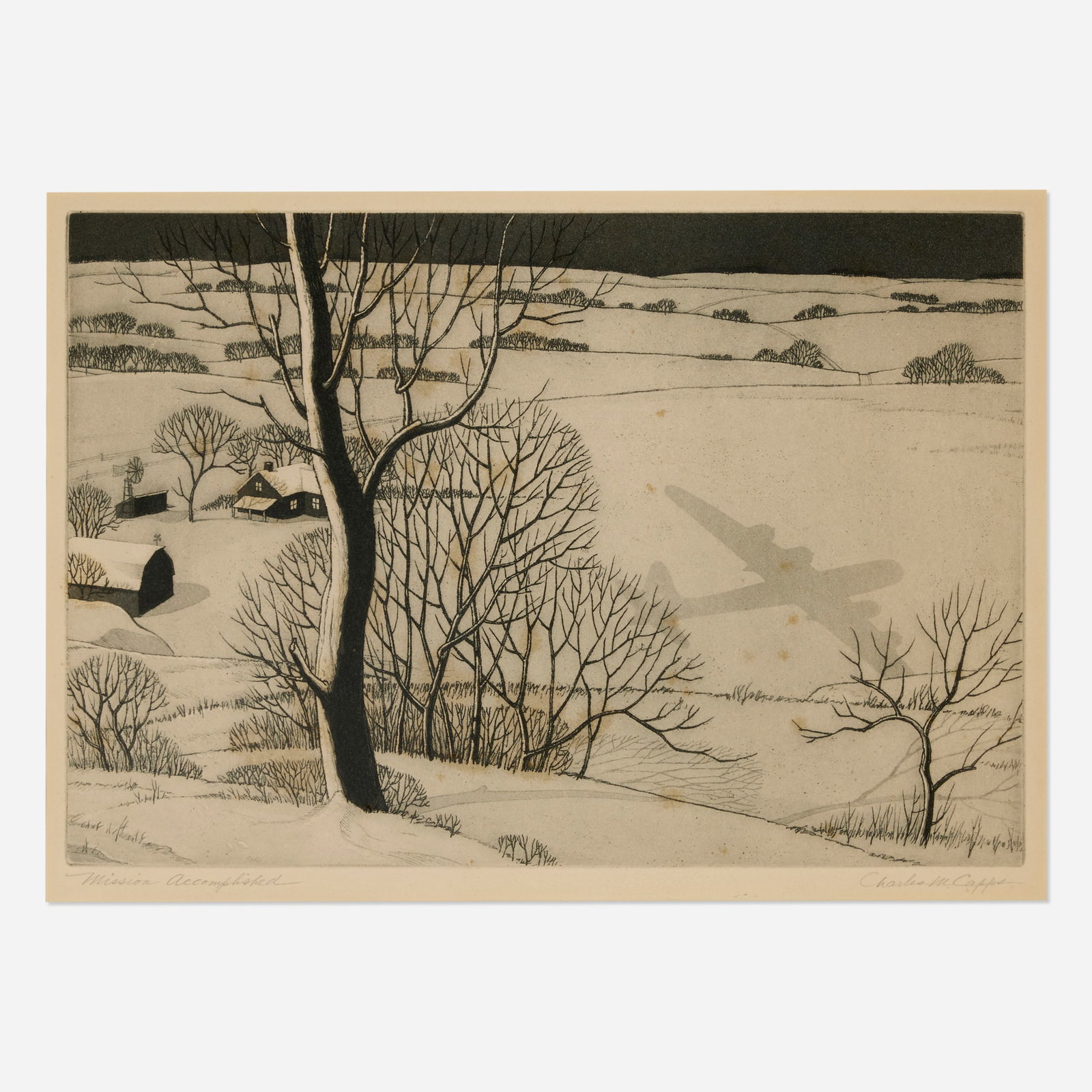 Charles Merrick Capps, Mission Accomplished: Charles Merrick Capps Mission Accomplished 1945 etching and aquatint image: 8.25 h x 11.75 w in (21 x 30 cm) sight: 8.75 h x 12.125 w in (22 x 31 cm) Signed and titled to lower edge 'Mission