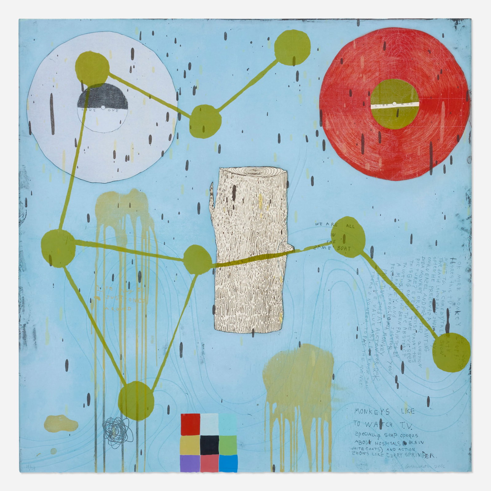 Squeak Carnwath, Same Boat: Squeak Carnwath Same Boat 2006 woodcut, intaglio and lithograph in colors 35.5 h x 35.5 w in (90 x 90 cm) Signed, dated, and numbered to lower edge '14/24 Squeak Carnwath 2006' with