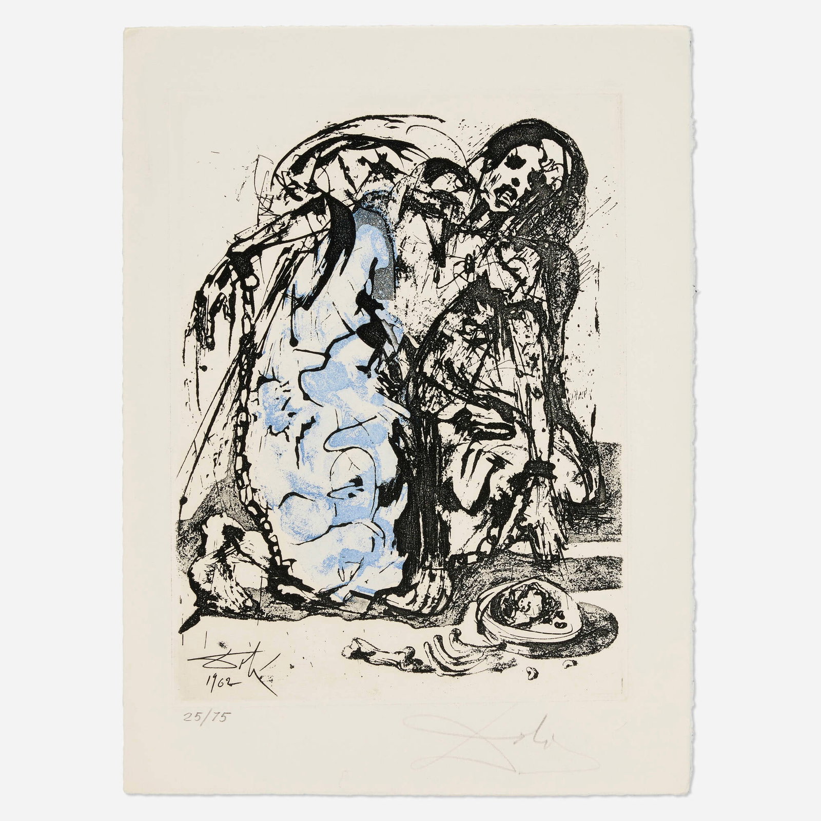 Salvador Dali, Figure in Chains (from the La vida es sueno portfolio): Salvador Dali Figure in Chains (from the La vida es sueno portfolio) 1975 etching in colors on Arches image: 11.875 h x 8.875 w in (30 x 23 cm) sheet: 15 h x 11.25 w in (38 x 29 cm) Signed and