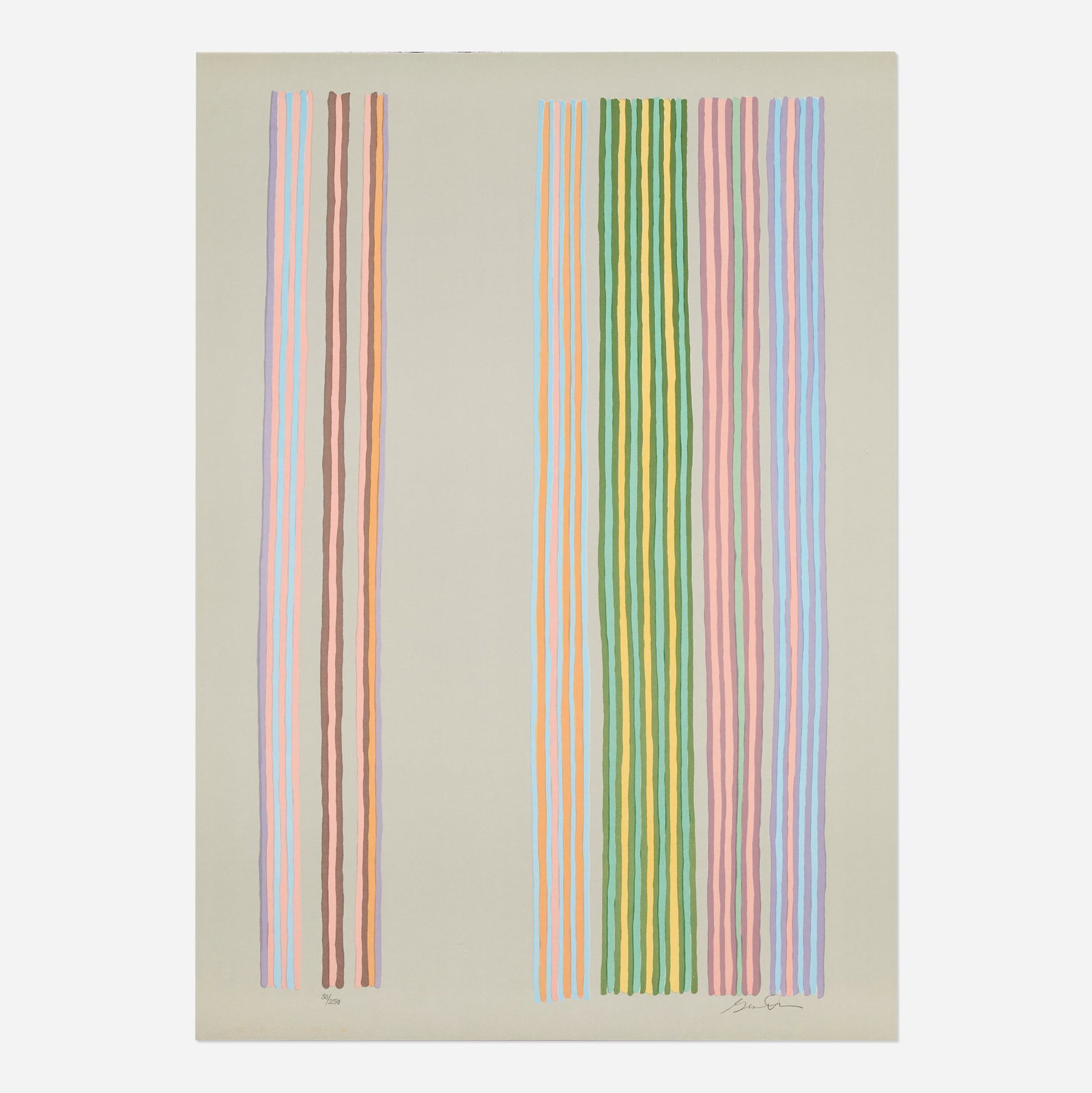 Gene Davis, Royal Curtain: Gene Davis Royal Curtain 1980 screenprint in colors on Arches 30 h x 21.25 w in (76 x 54 cm) Signed and numbered to lower edge '30/250 Gene Davis'. Publisher's stamp to verso. This