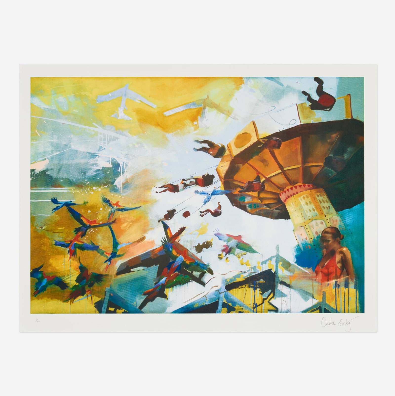 Chloe Early, Airbourne: Chloe Early Airbourne 2009 screenprint in colors image: 15.75 h x 22.25 w in (40 x 57 cm) sheet: 18 h x 24 w in (46 x 61 cm) Signed and numbered to lower edge '3/100 Chloe Early' with