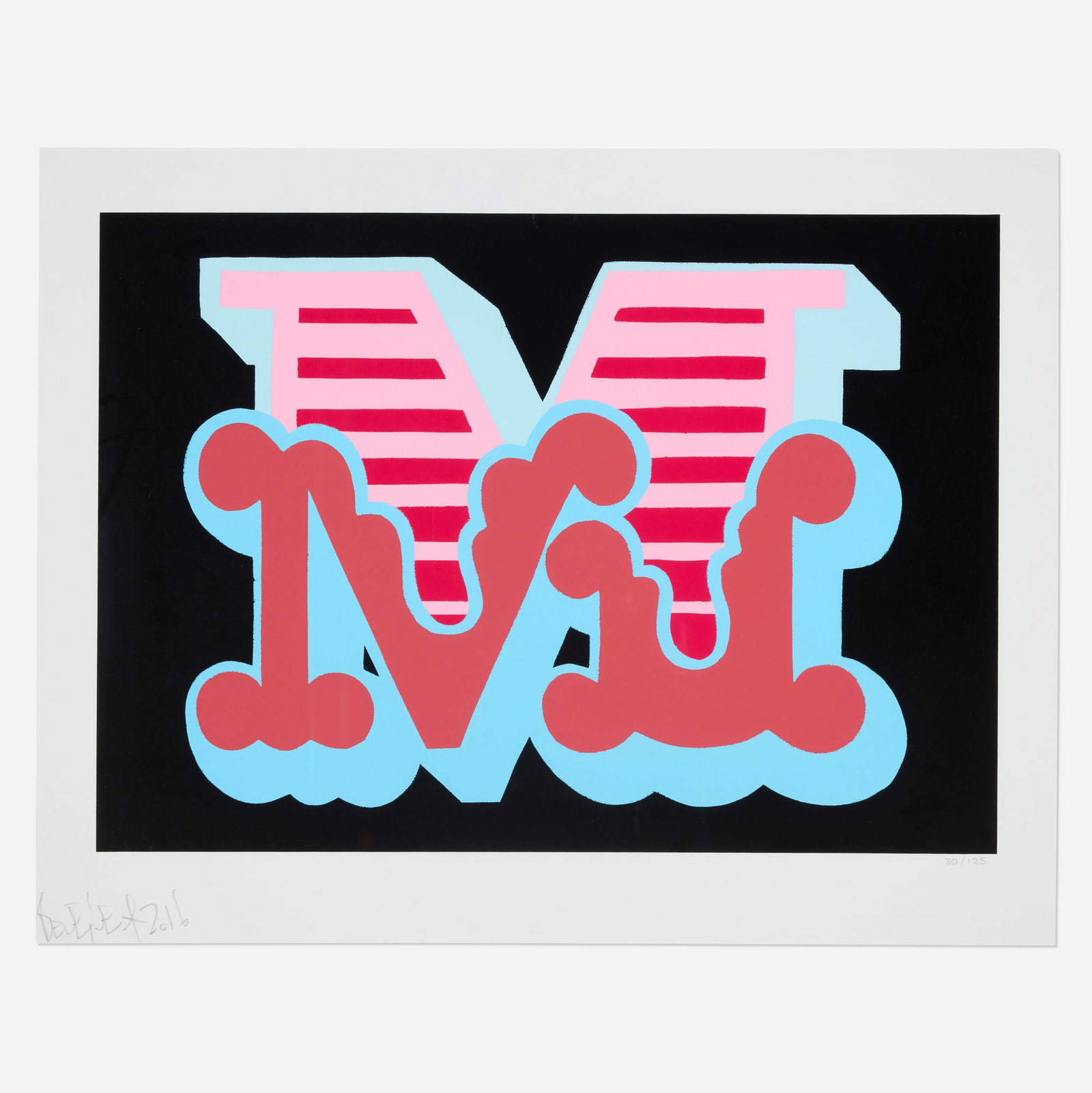Ben Eine, M: Ben Eine M 2016 screenprint in colors image: 16.125 h x 23 w in (41 x 58 cm) sight: 20.375 h x 26 w in (52 x 66 cm) Signed, dated, and numbered to lower edge 'Ben Eine 2016 30/125'. This