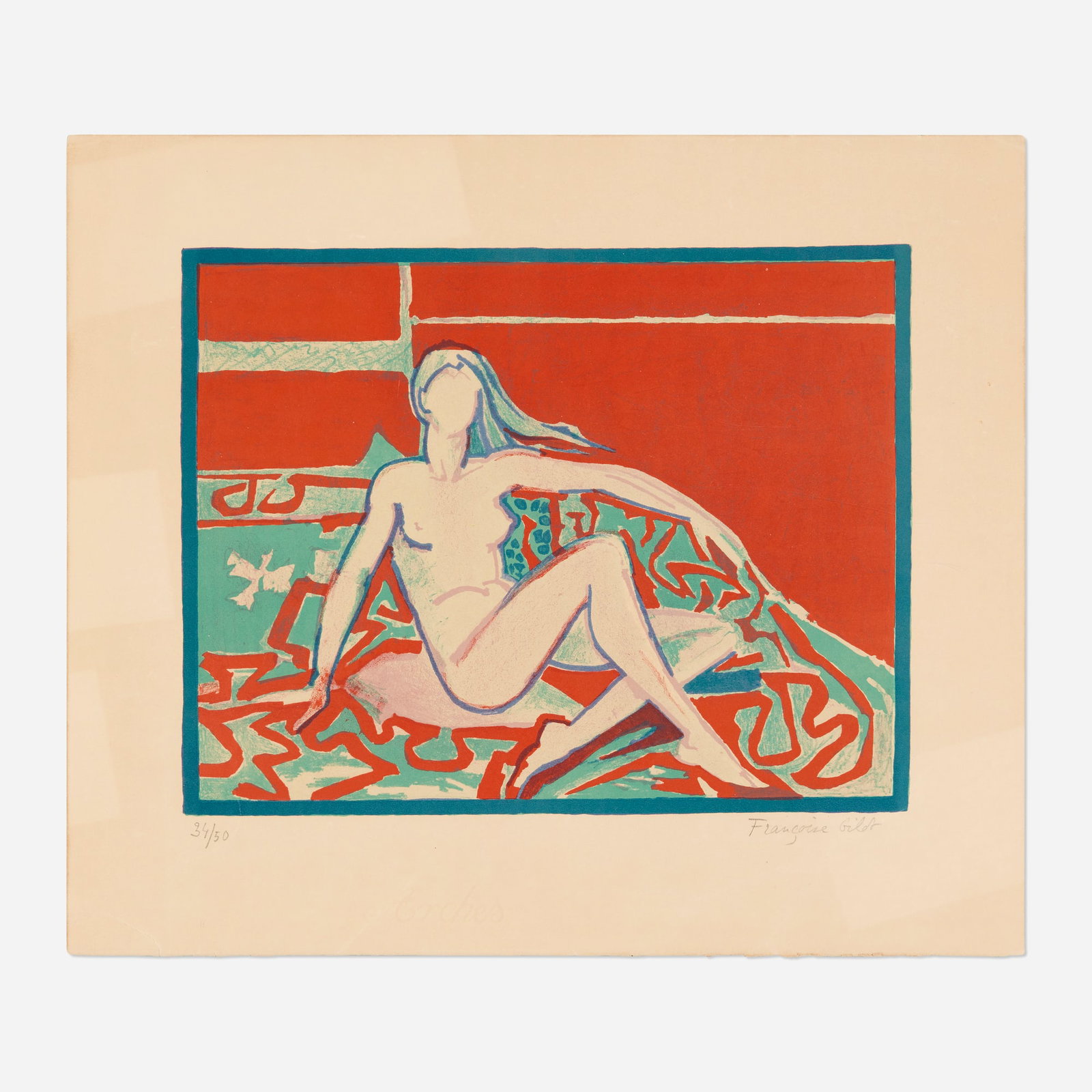 Francoise Gilot, Nude on a Sofa: Francoise Gilot Nude on a Sofa 1971 lithograph in colors on Arches image: 11 h x 14.25 w in (28 x 36 cm) sheet: 16.125 h x 18.875 w in (41 x 48 cm) Signed and numbered to lower edge '34/50