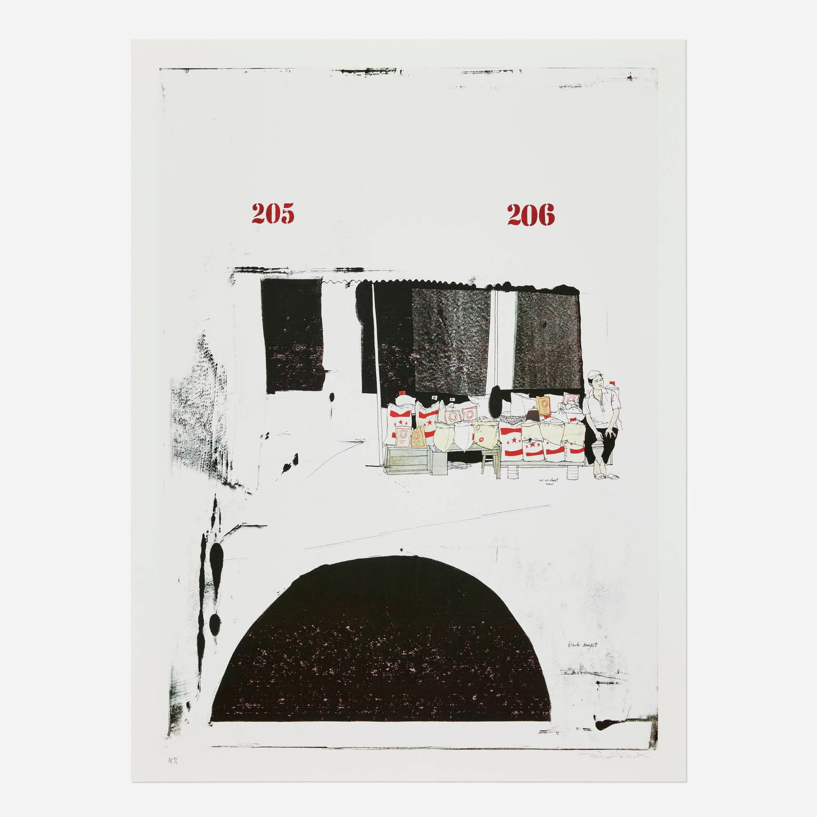 Evan Hecox, Black Sunset: Evan Hecox Black Sunset 2009 screenprint in colors on cotton rag image: 22 h x 16 w in (56 x 41 cm) sheet: 24 h x 18 w in (61 x 46 cm) Signed and numbered to lower margin 'AP 4/8 Evan