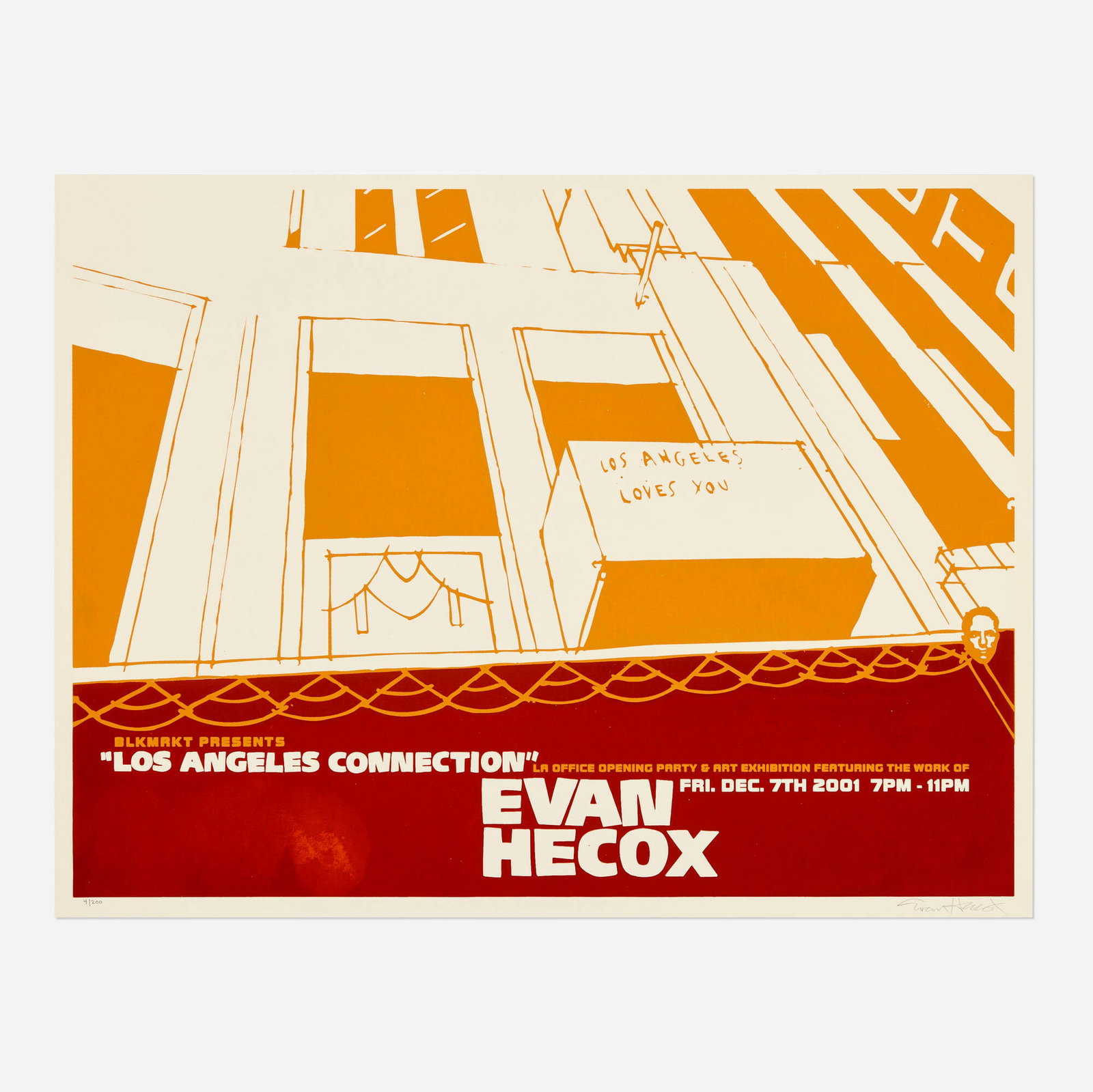 Evan Hecox, LA Connection: Evan Hecox LA Connection 2001 screenprint in colors image: 16.5 h x 22 w in (42 x 56 cm) sheet: 17.5 h x 23 w in (44 x 58 cm) Signed and numbered to lower edge '4/200 Evan Hecox'. This work