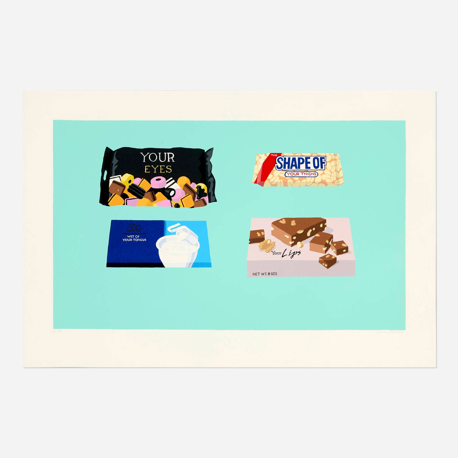 Julia Jacquette, Four Sweets: Julia Jacquette Four Sweets 1995 screenprint in colors on Coventry rag image: 14 h x 23.5 w in (36 x 60 cm) sheet: 18.5 h x 27.5 w in (47 x 70 cm) Signed and numbered to lower edge 'AP 2/11