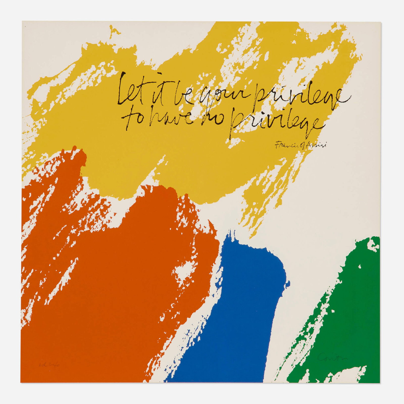 Corita Kent (Sister Mary Corita), privilege: Corita Kent (Sister Mary Corita) privilege 1979 screenprint in colors 19.875 h x 19.875 w in (50 x 50 cm) Signed and numbered to lower edge 'ed 240 Corita'. This work is from the edition of