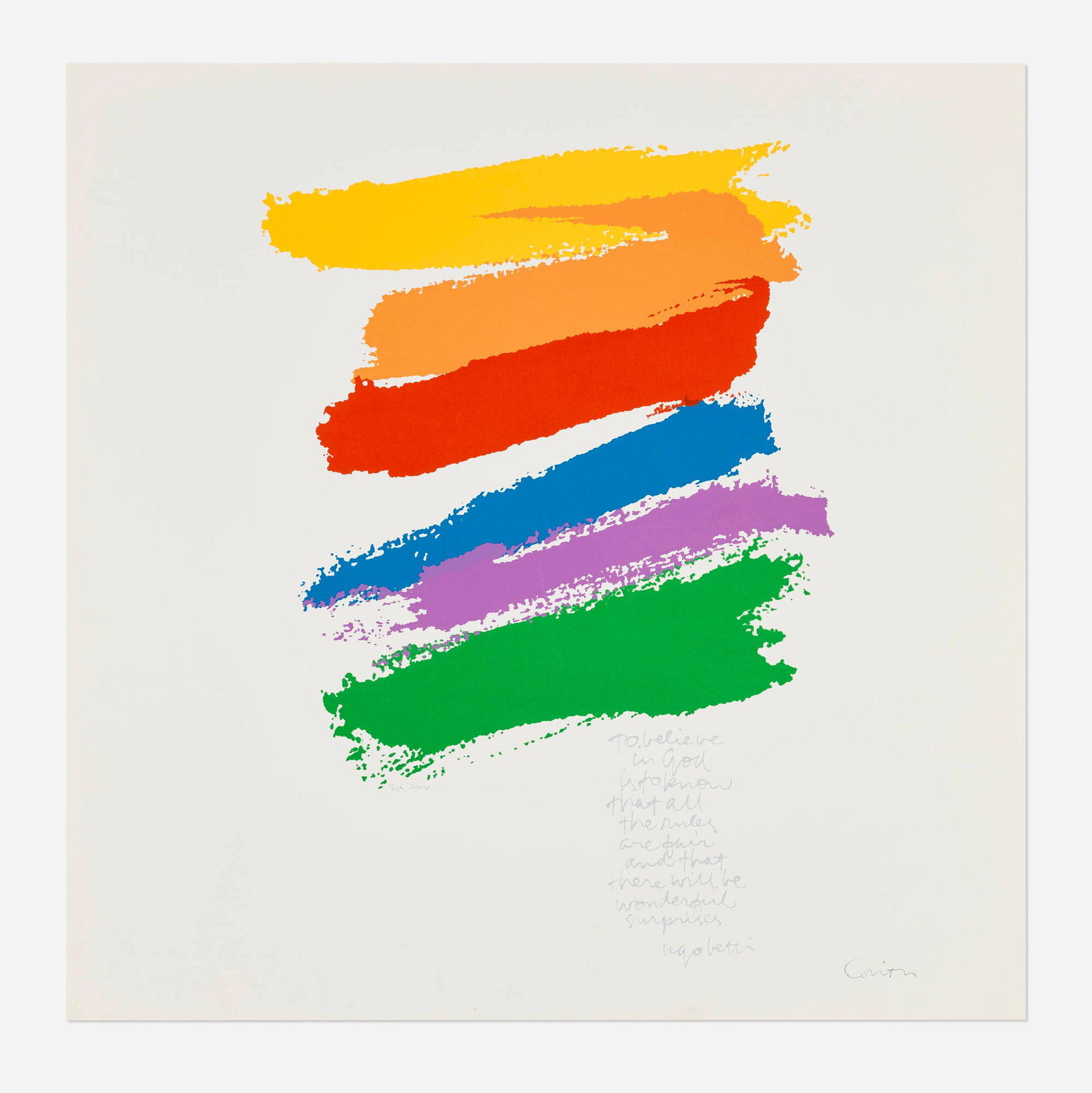 Corita Kent (Sister Mary Corita), promise: Corita Kent (Sister Mary Corita) promise 1978 screenprint in colors 23 h x 23 w in (58 x 58 cm) Signed and numbered to center and lower right 'Ed 200 Corita'. This work is from the edition of 200 and
