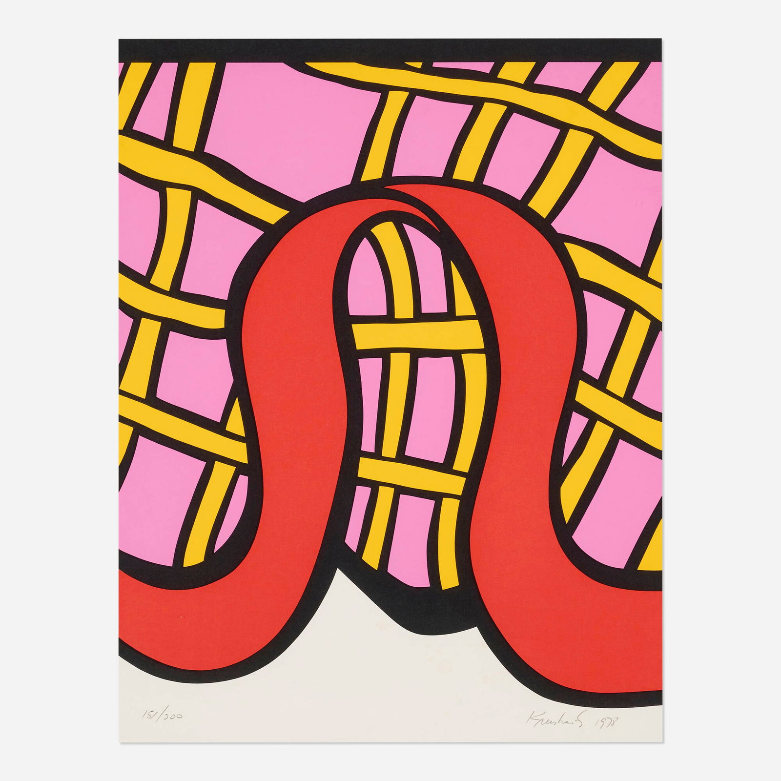 Nicholas Krushenick, Kiss Kiss Candy: Nicholas Krushenick Kiss Kiss Candy 1978 screenprint in colors sight: 31 h x 24 w in (79 x 61 cm) Signed, dated, and numbered to lower edge '151/200 Krushenick 1978'. This work is number