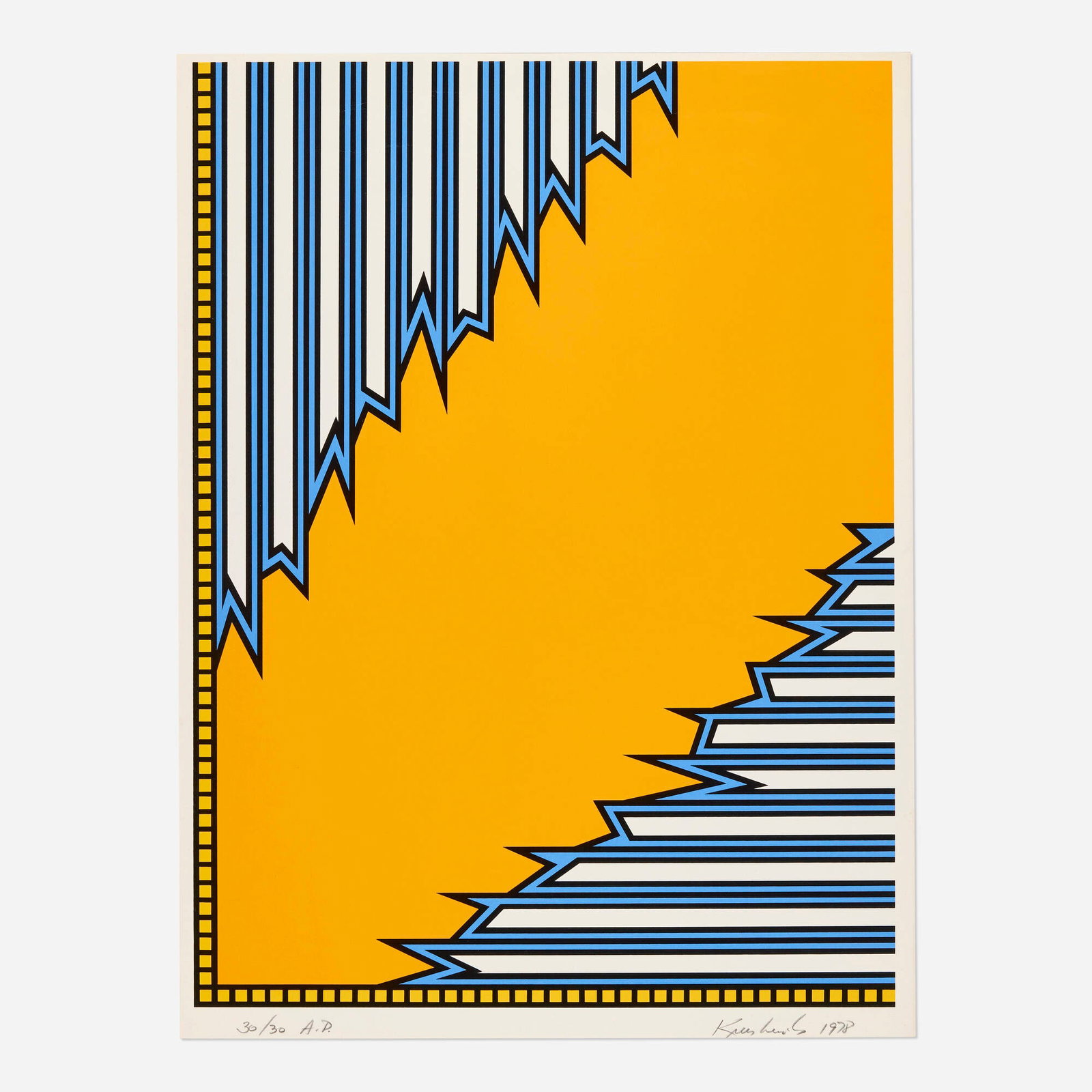 Nicholas Krushenick, Long Beach: Nicholas Krushenick Long Beach 1978 screenprint in colors image: 32 h x 23.75 w in (81 x 60 cm) sheet: 36 h x 26.25 w in (91 x 67 cm) Signed, dated, and numbered to lower edge '30/30 A.P.
