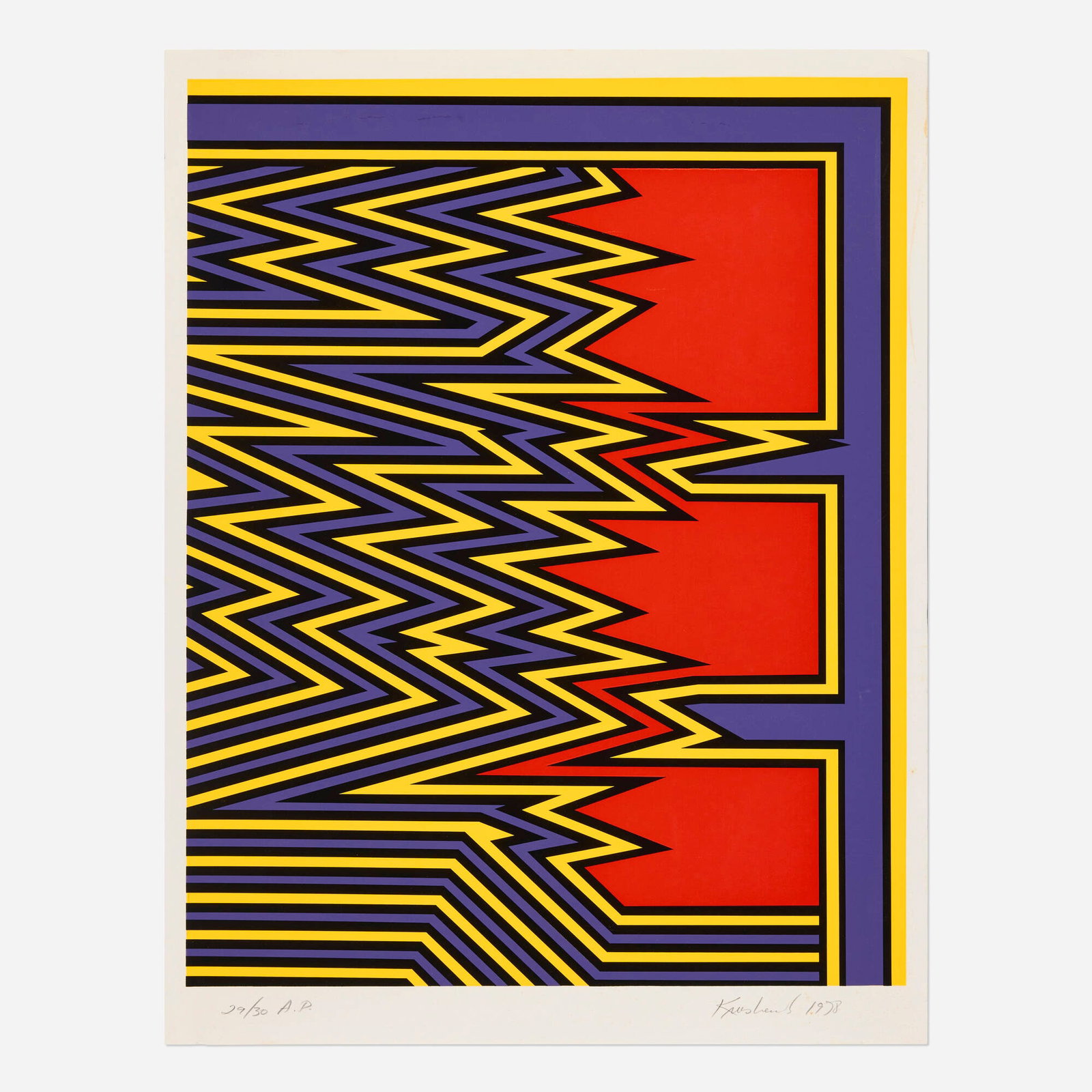 Nicholas Krushenick, Rip Down: Nicholas Krushenick Rip Down 1978 screenprint in colors image: 34 h x 26 w in (86 x 66 cm) sheet: 31 h x 24.5 w in (79 x 62 cm) Signed, dated, and numbered to lower edge '29/30 A.P. Nicholas